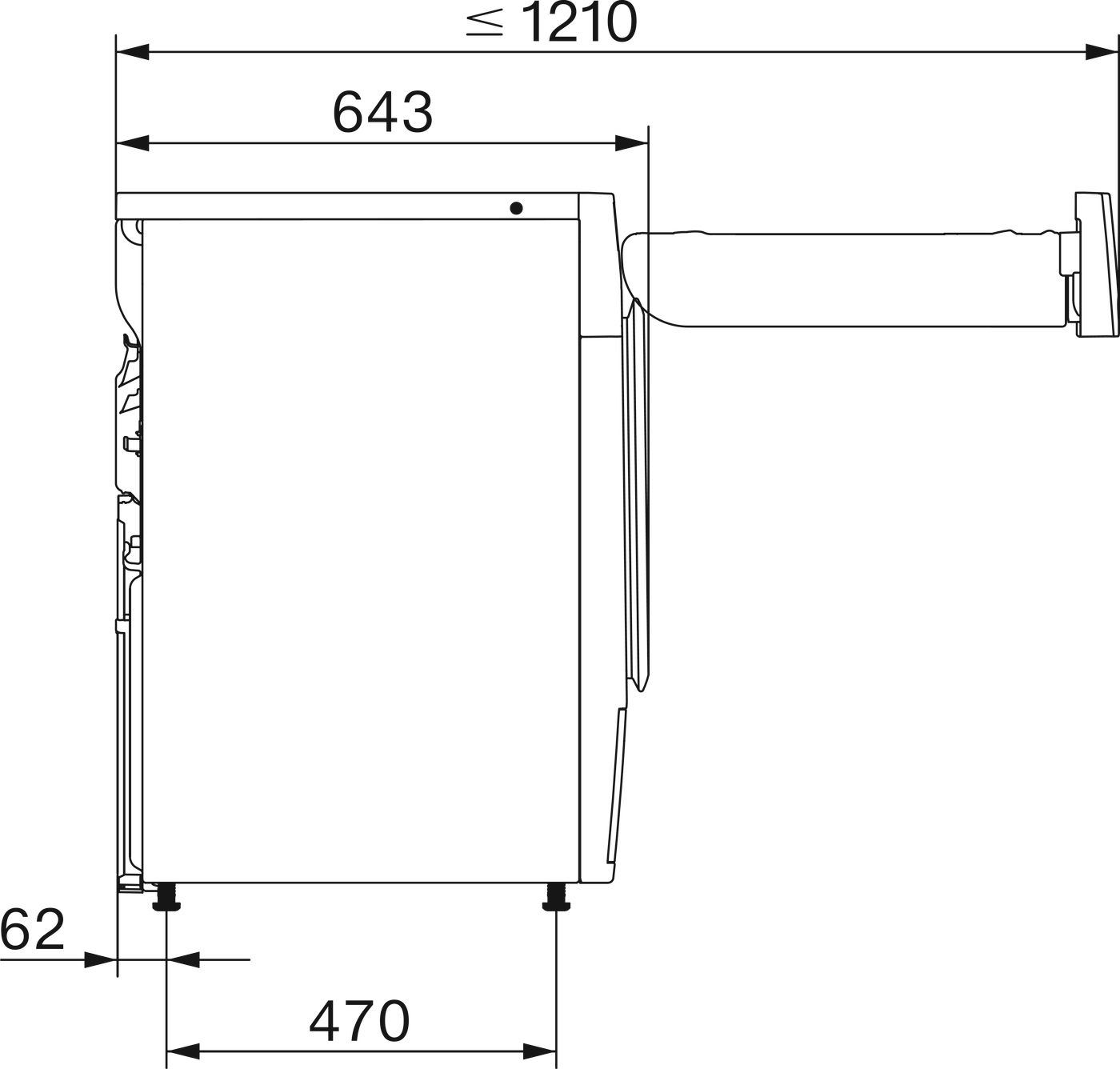 Technische Zeichnung eines Geräts mit Maßen: 643mm Breite, 470mm Tiefe, 62mm Fußhöhe, 1210mm Gesamthöhe.