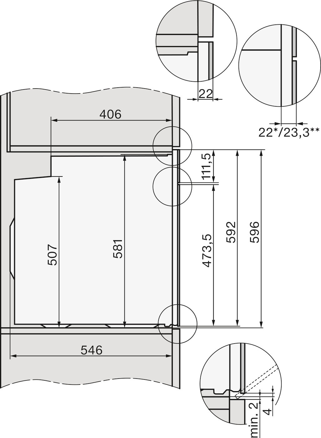 Technische Zeichnung mit Maßen für Einbauteile. Detaillierte Ansichten zeigen Präzision.