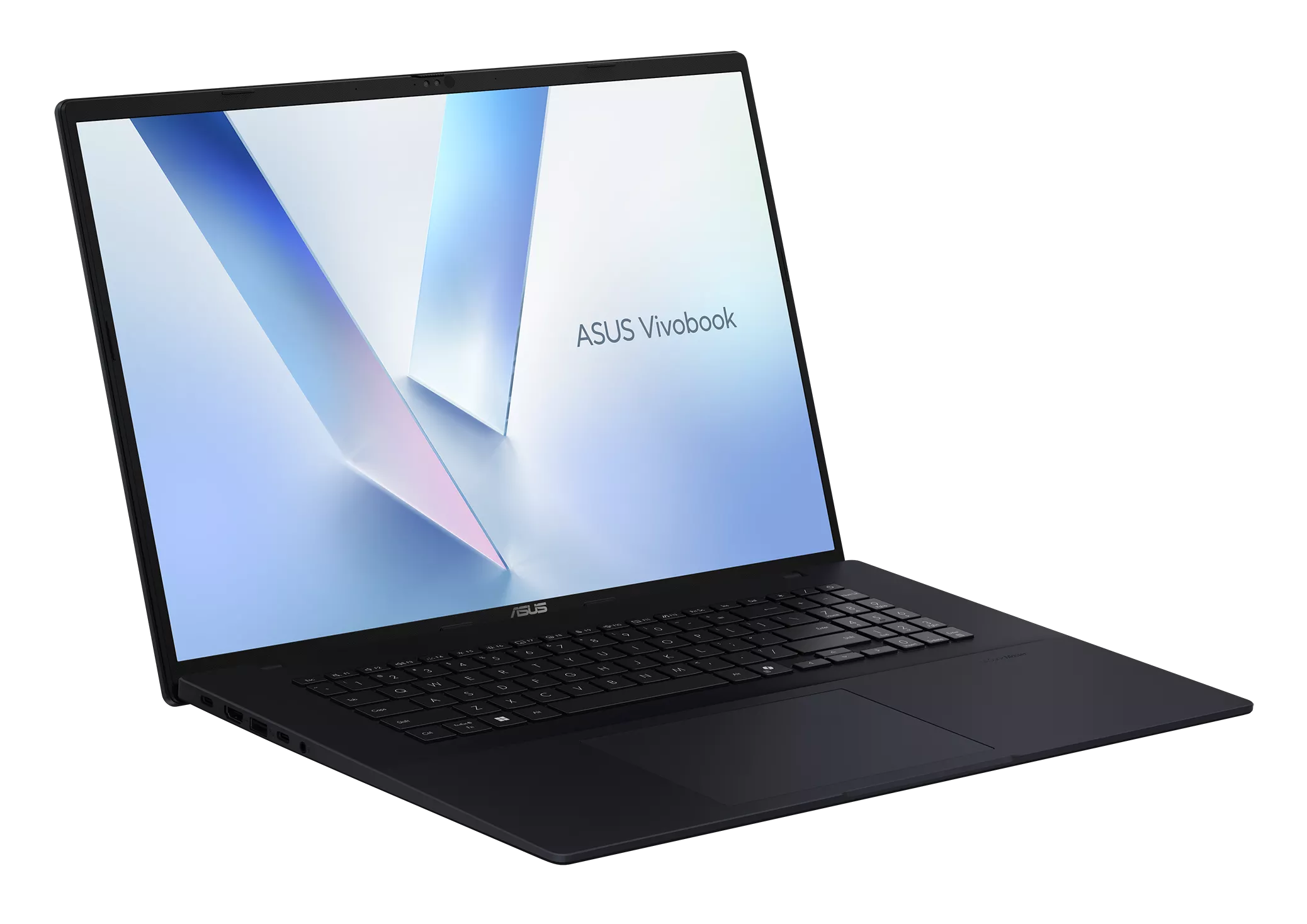 Czarny laptop ASUS Vivobook z podświetlaną klawiaturą i dużym touchpadem.