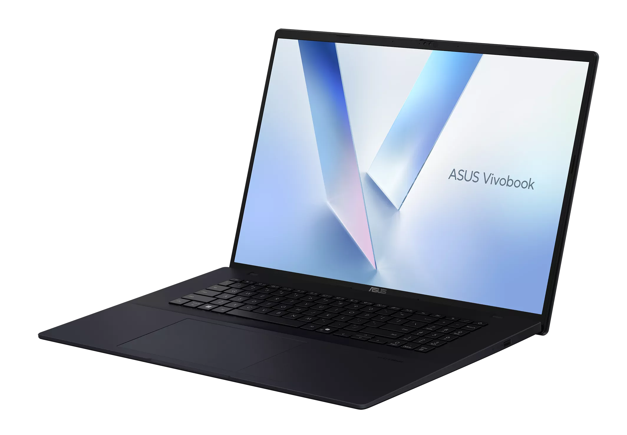 Ciemny laptop ASUS Vivobook z otwartym ekranem, wyświetlającym abstrakcyjny wzór.