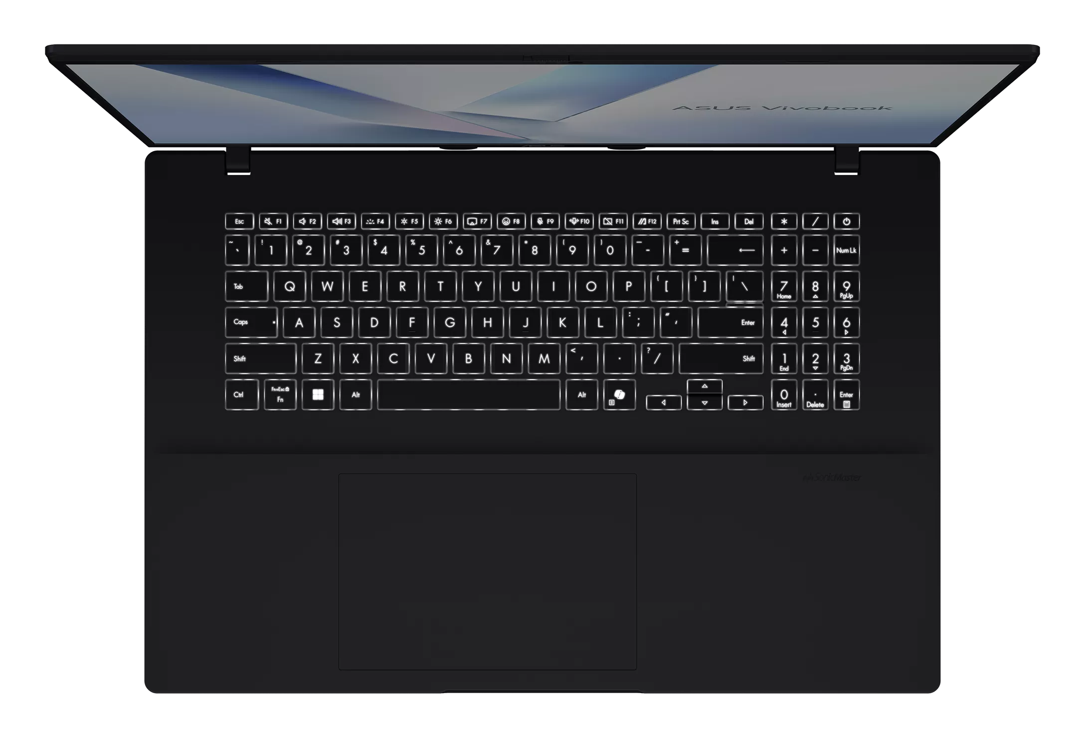 Widok z góry czarnego laptopa Asus Vivobook z podświetlaną klawiaturą i otwartym ekranem.