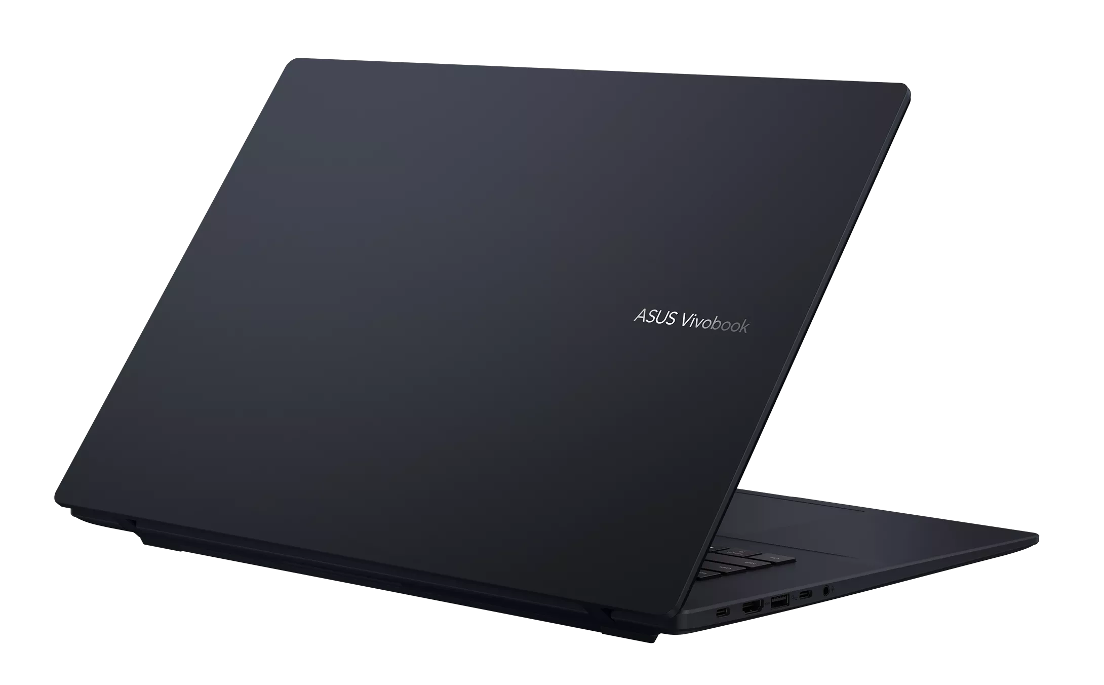 Ciemnoszary laptop ASUS Vivobook, pokazany z tyłu i pod kątem.