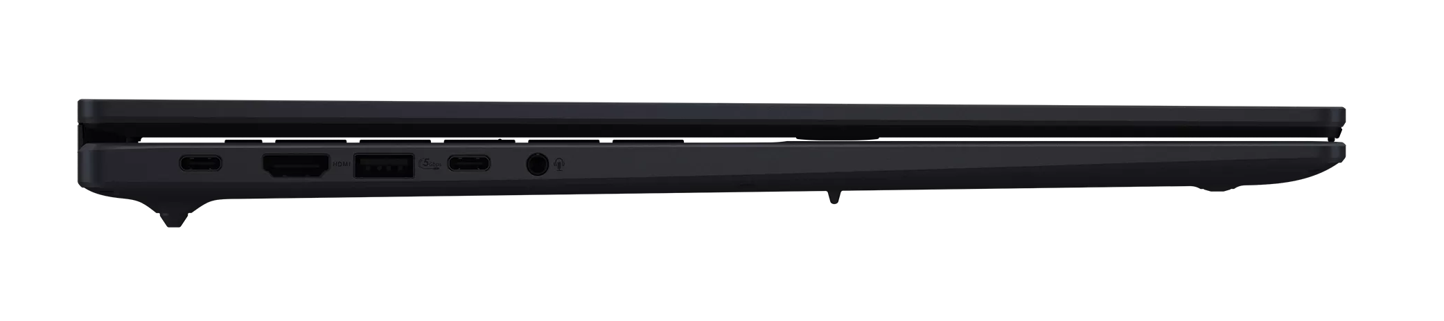 Ciemnoszary obszar portów laptopa z HDMI, USB i gniazdem audio.