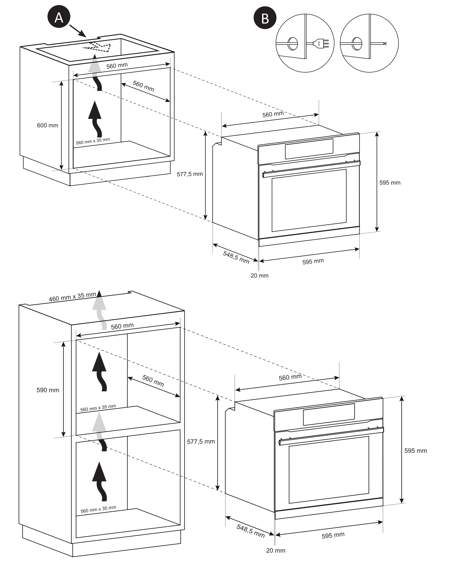 Diagramm mutatja egy sütő beépítési méreteit szellőztető nyilakkal.