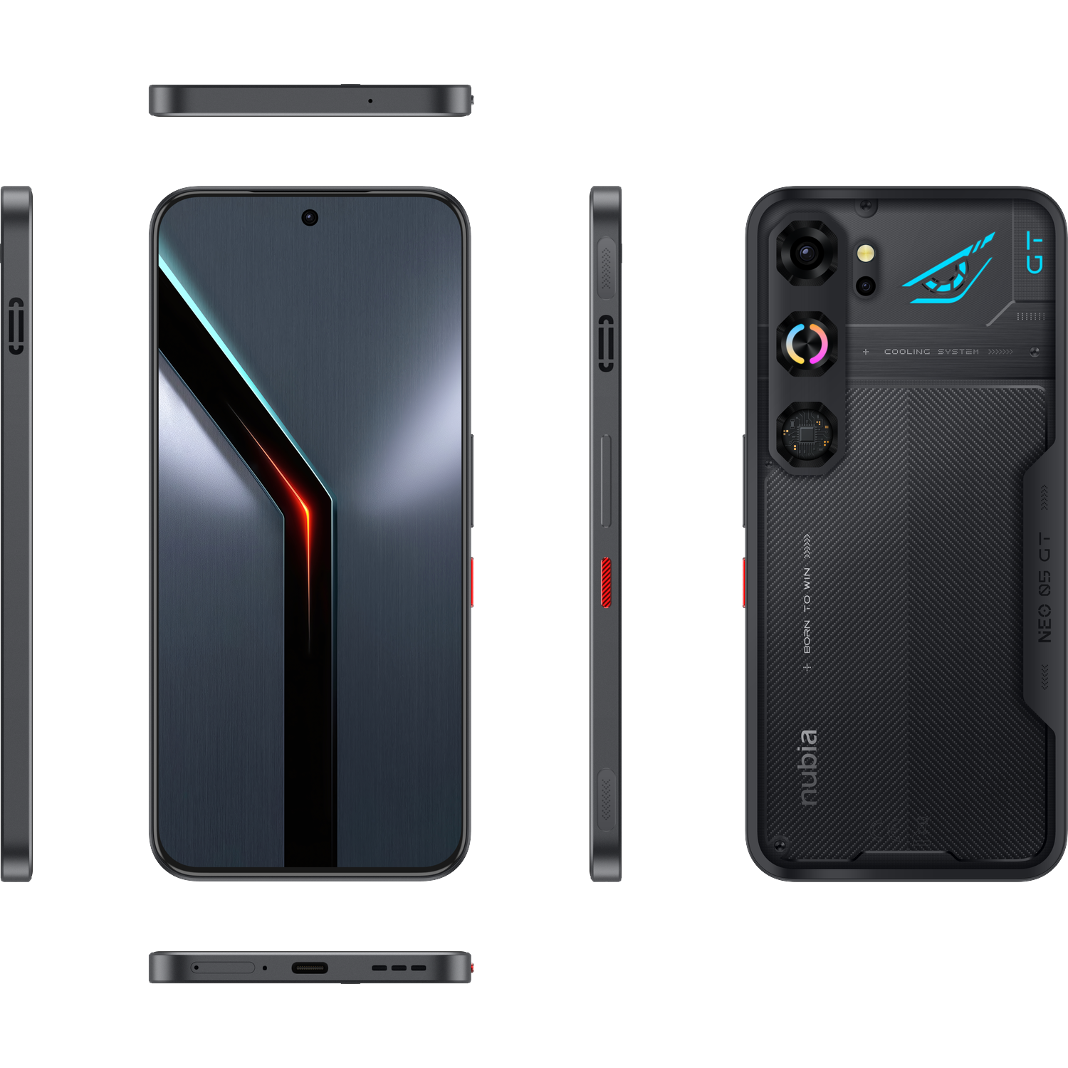 A black smartphone is shown from multiple angles: front, back, and sides, displaying a textured design.