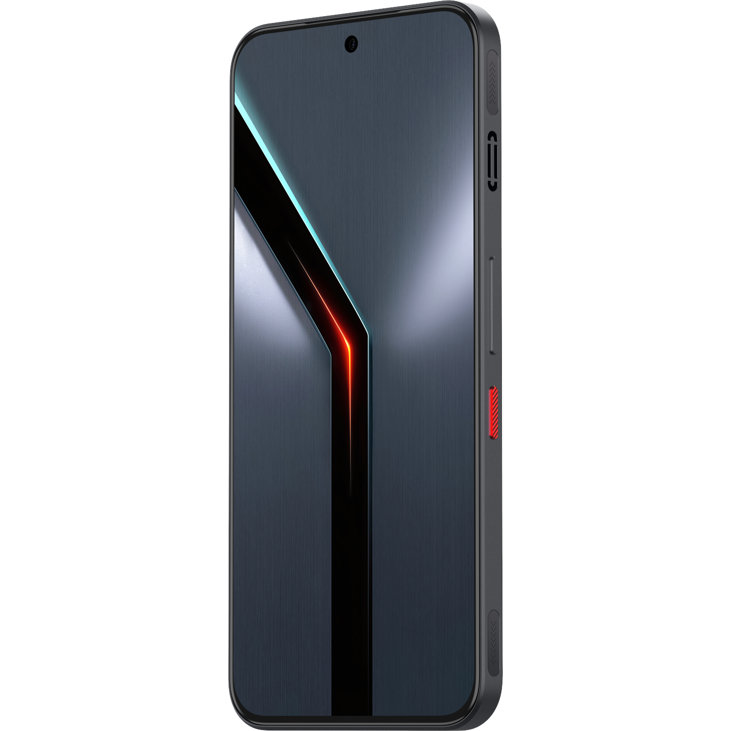 A dark gray smartphone with a textured metallic back, featuring a glowing blue and red V-shaped design, stands vertically.