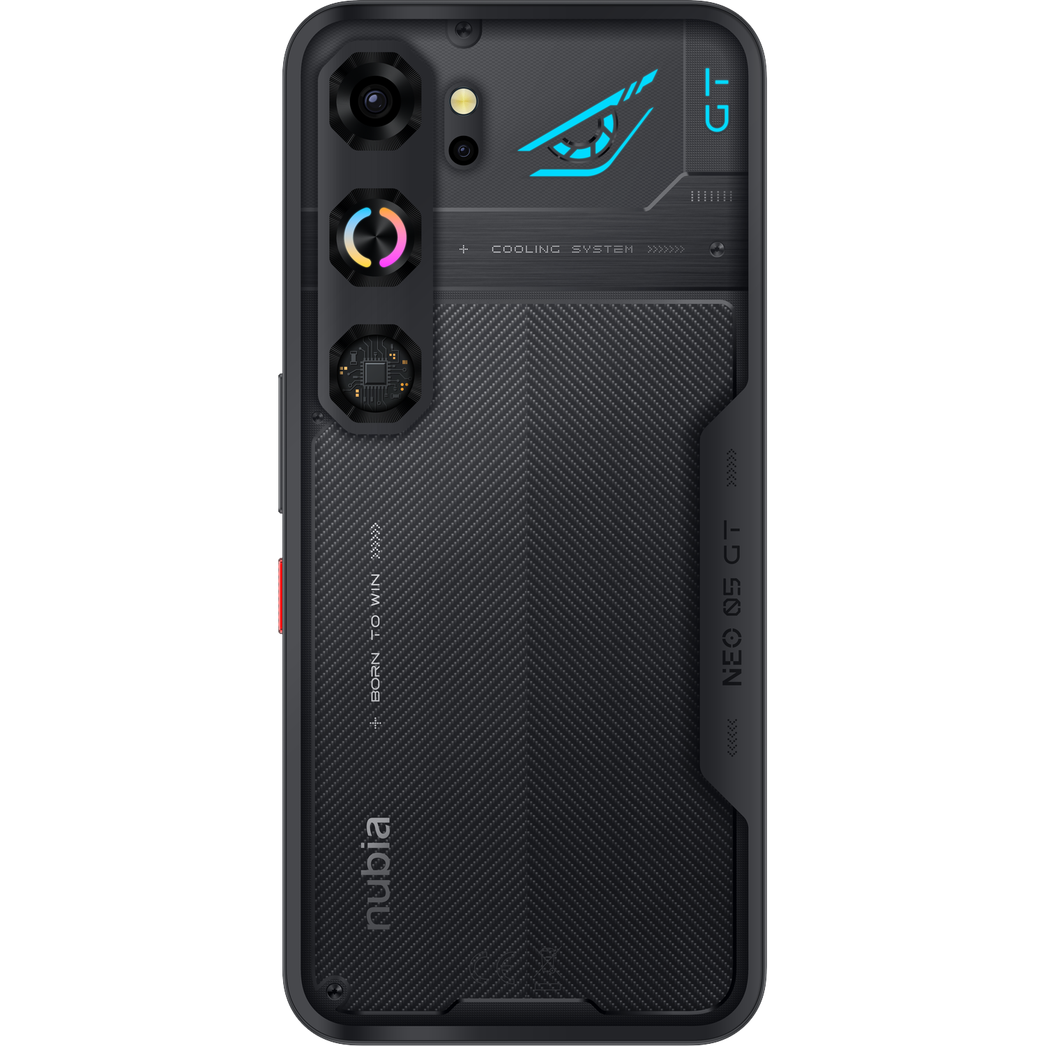 A black smartphone with exposed internal components, a camera module, and a glowing blue ROG logo.