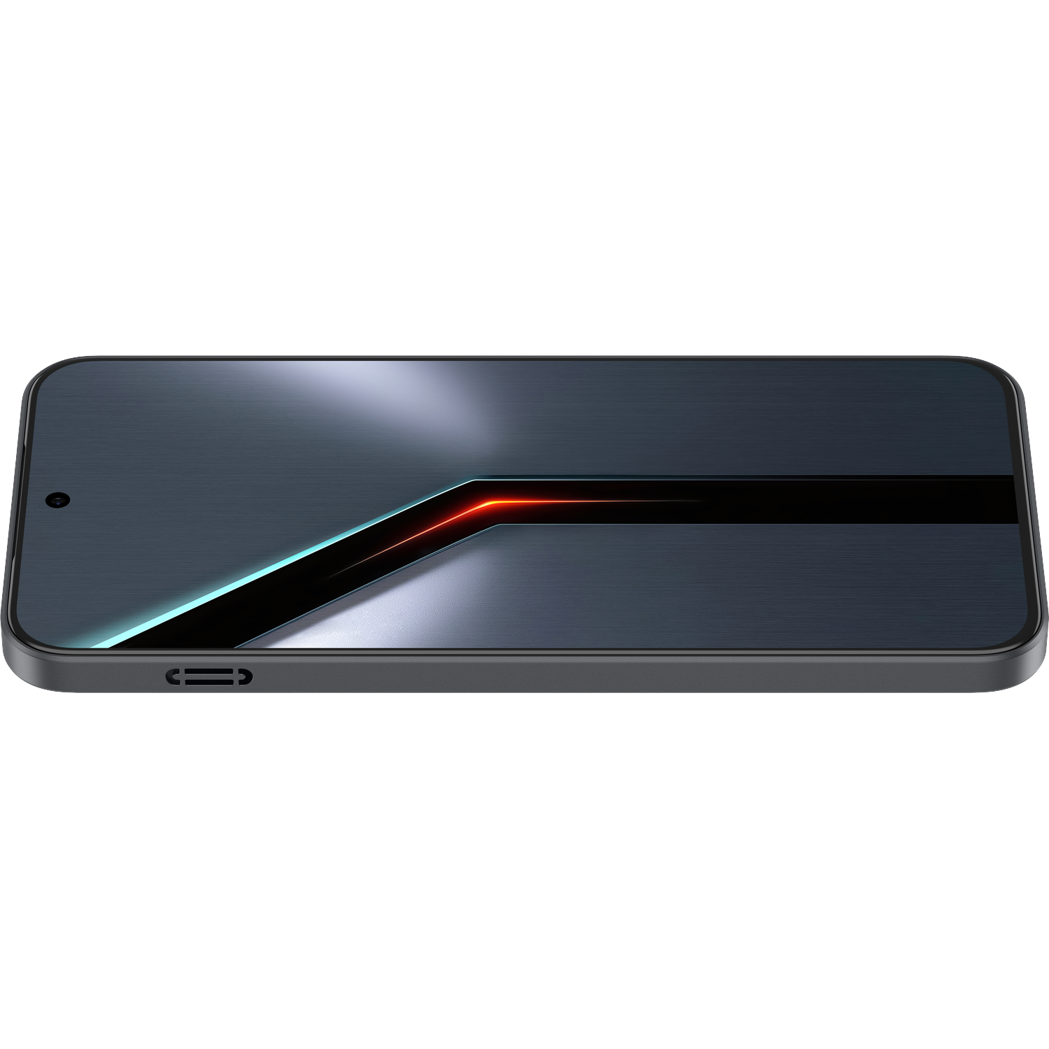 Dark smartphone with brushed metal casing and a red light strip.