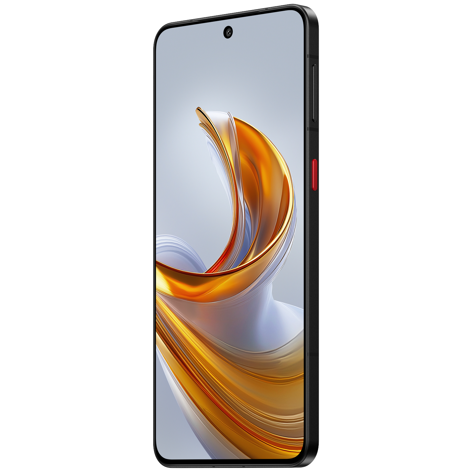 A black smartphone displays an abstract golden background on its screen.