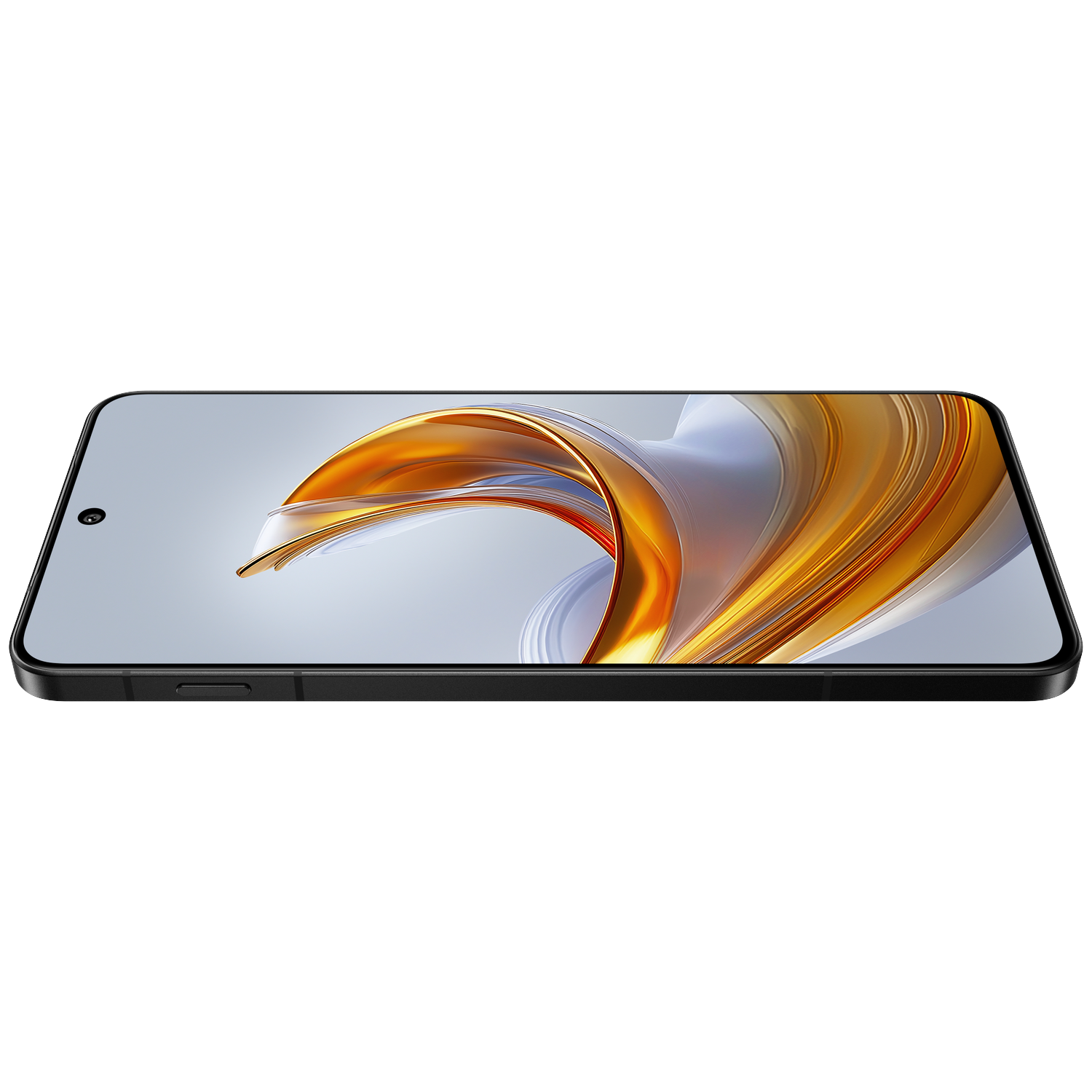 A black smartphone with an abstract golden and silver background on its screen.