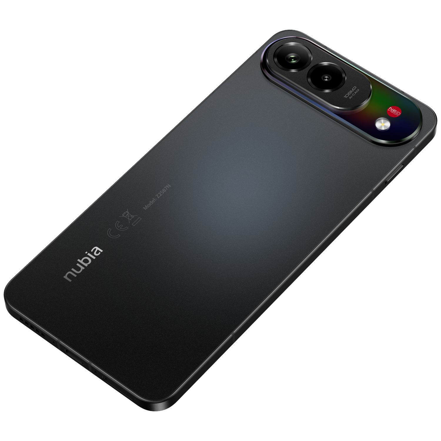 Back of a black Nubia smartphone with dual cameras and logo.