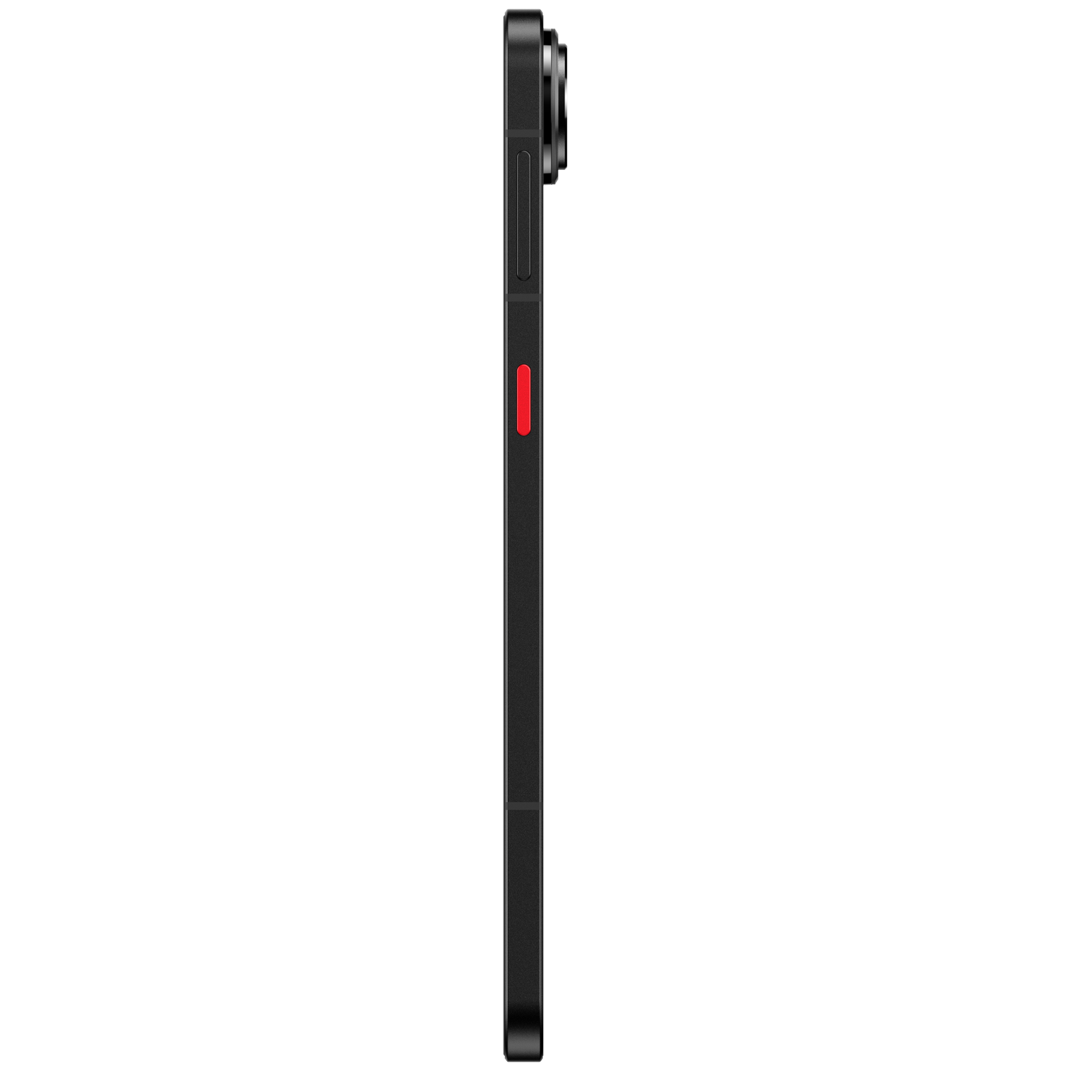 A black smartphone is seen from the side with a prominent red button and a camera lens at the top.