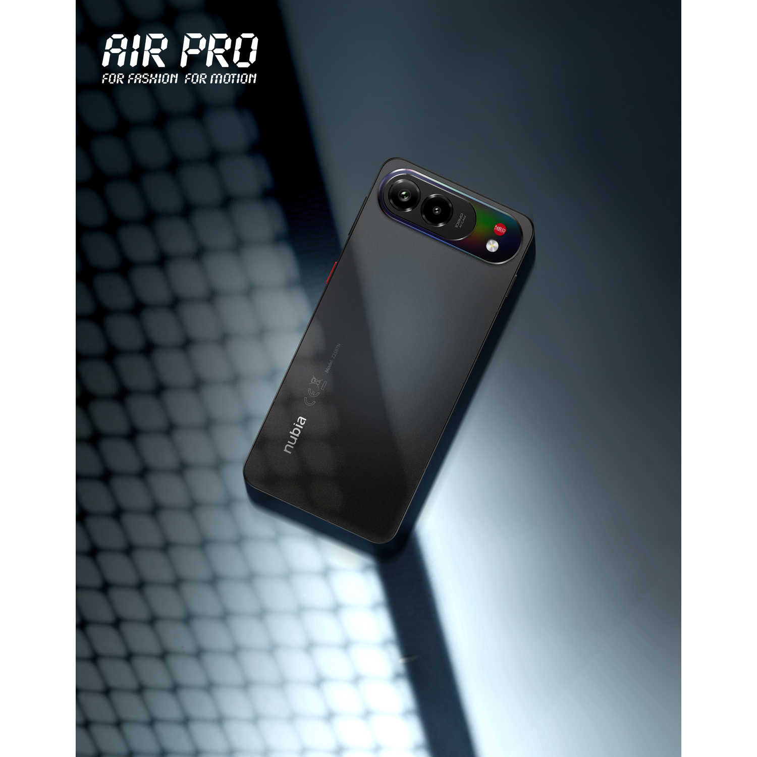 A black smartphone with three rear cameras rests on a reflective surface.