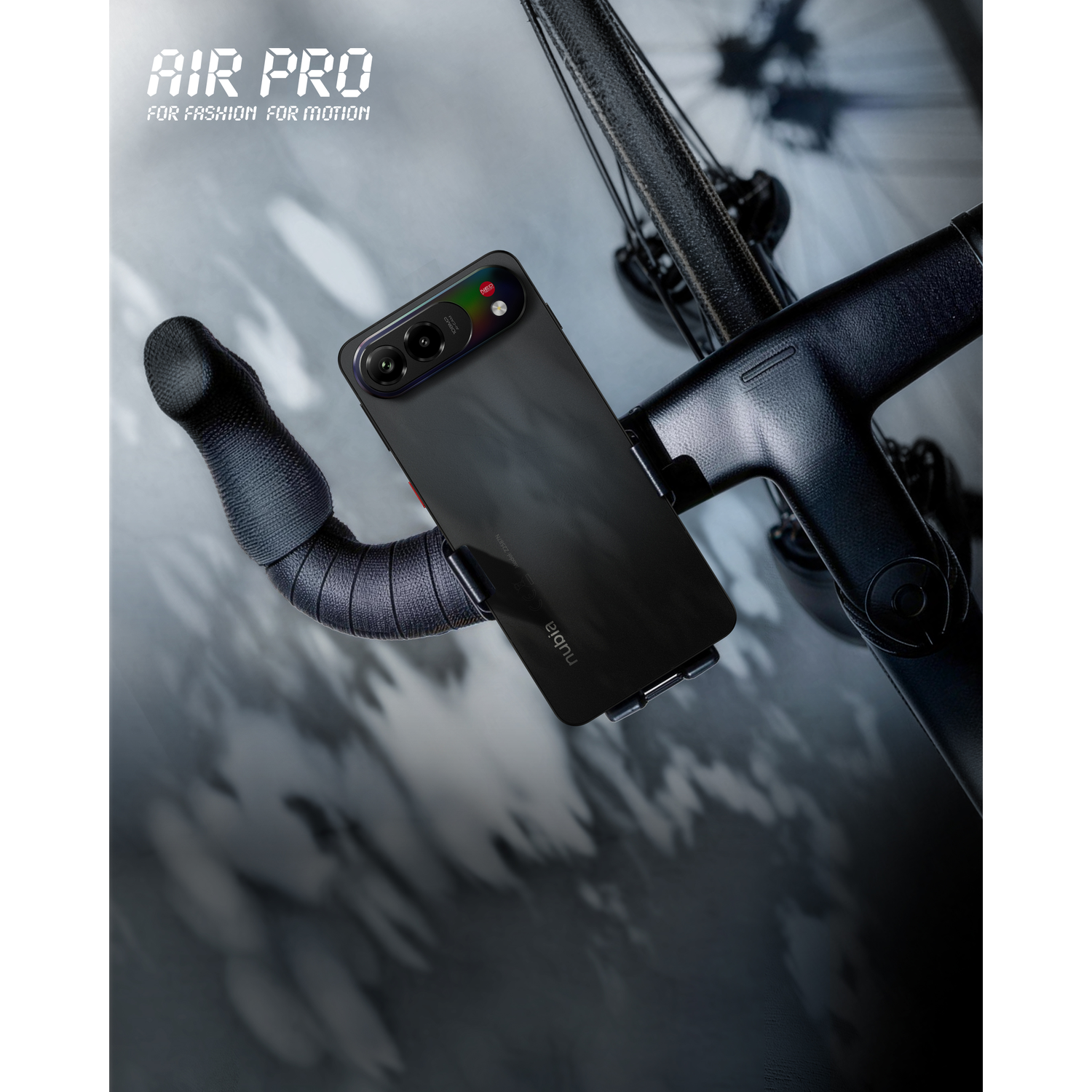 A smartphone is attached to a bicycle handlebar. Text: AIR PRO.