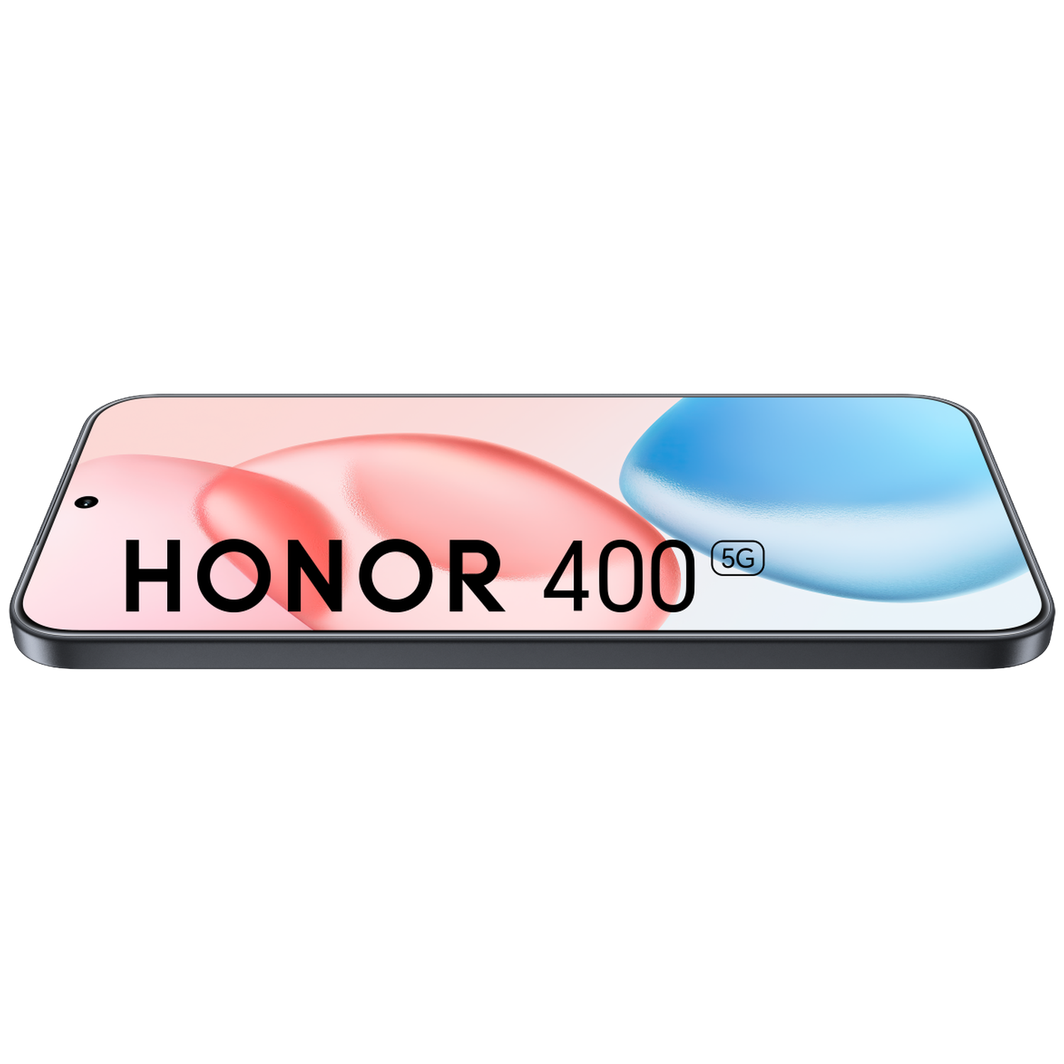 A black smartphone with the text "HONOR 400 5G" on its screen, featuring pink and blue abstract shapes.