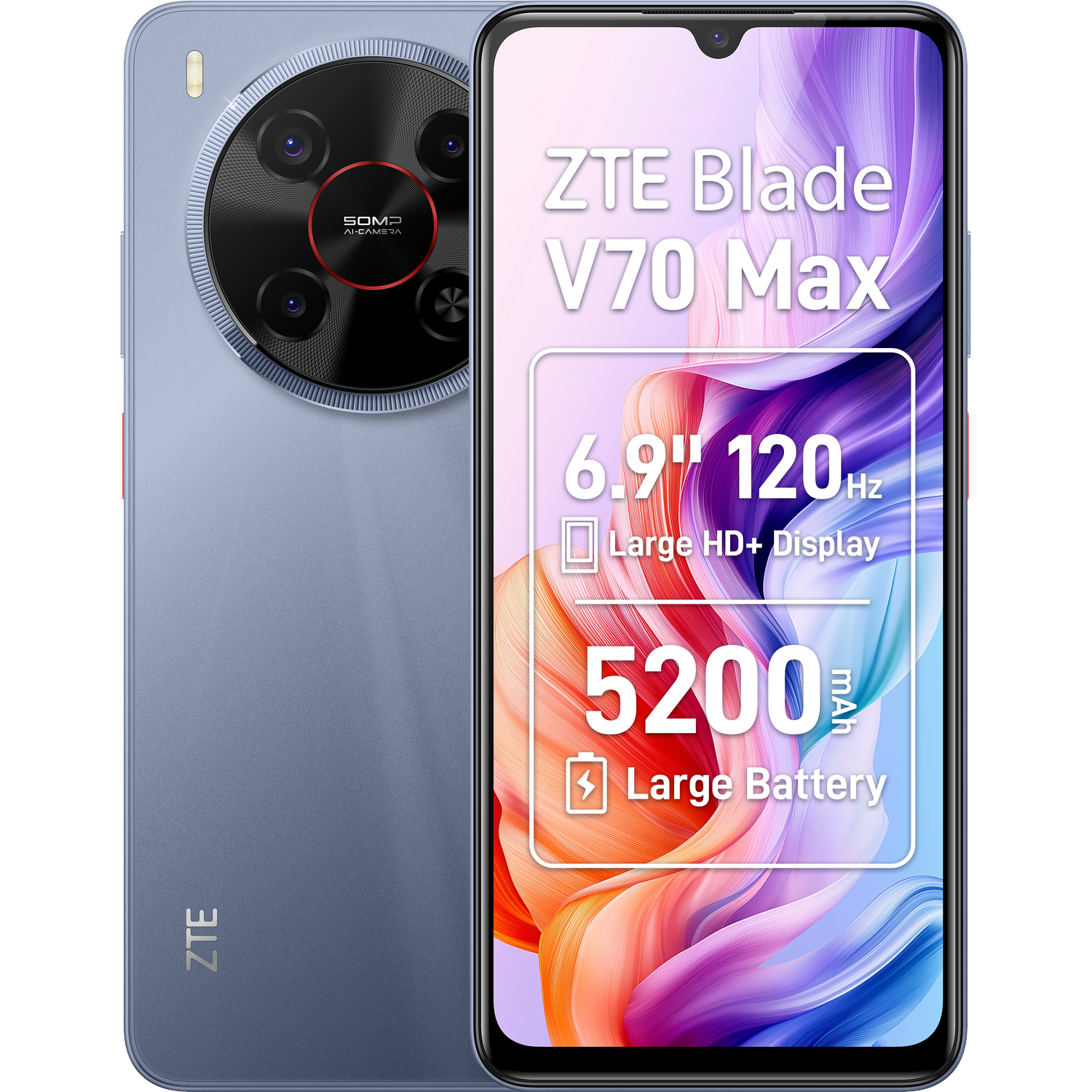 A gray ZTE Blade V70 Max smartphone, front and back views, highlighting a 6.9-inch 120Hz display and 5200mAh battery.