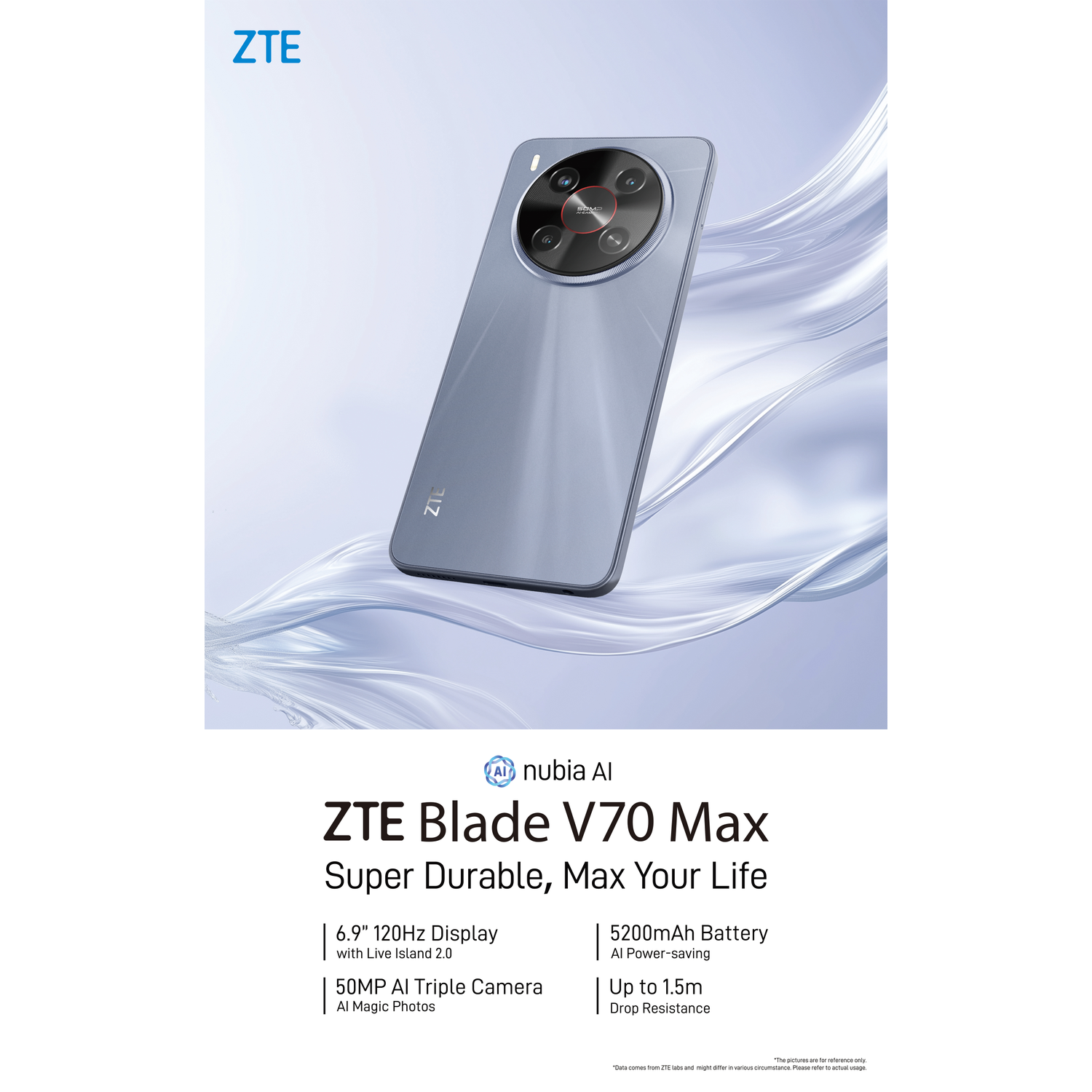 Gray ZTE Blade V70 Max smartphone with triple camera on a flowing background.