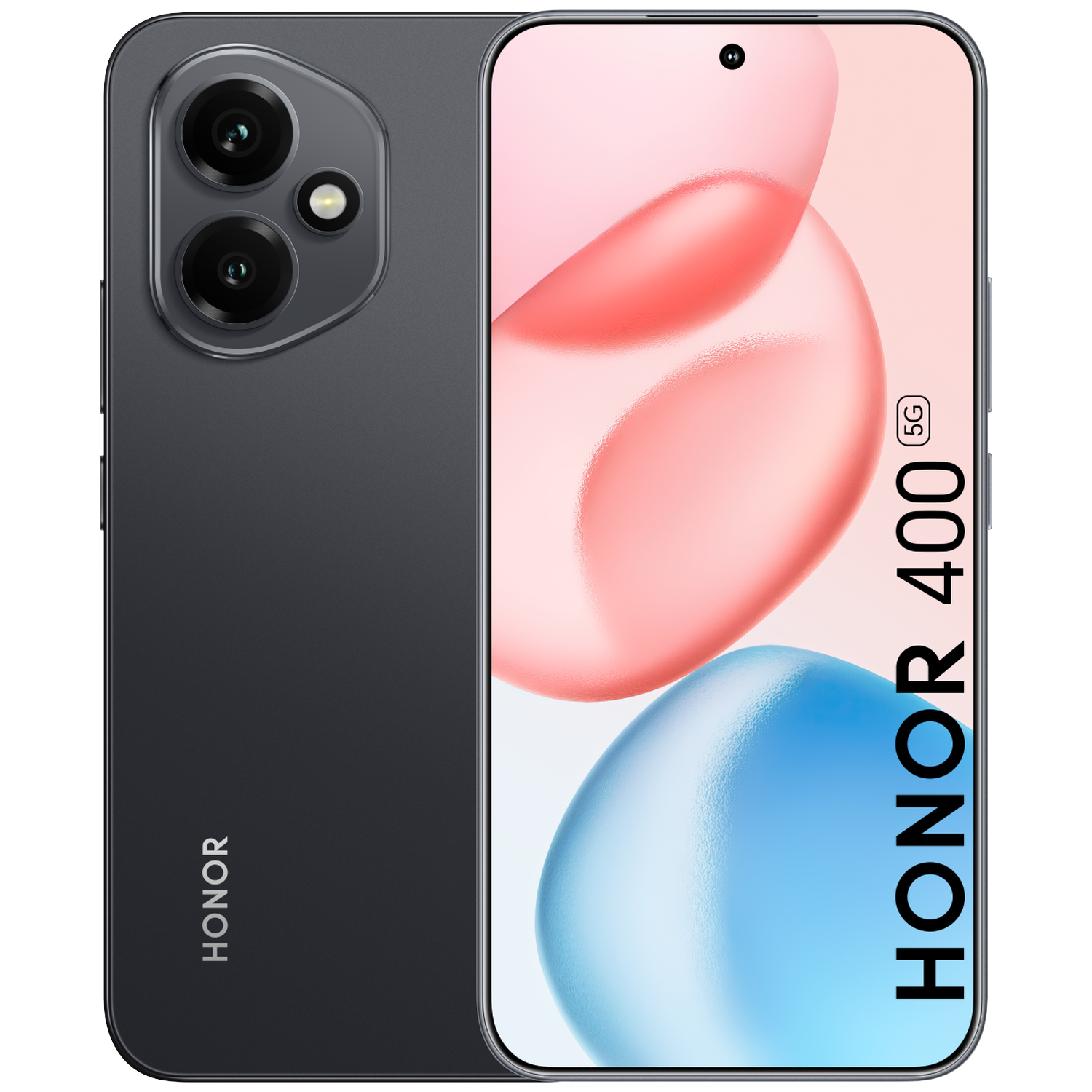 A dark gray Honor 400 5G smartphone is angled, displaying a screen with pink and blue abstract shapes.