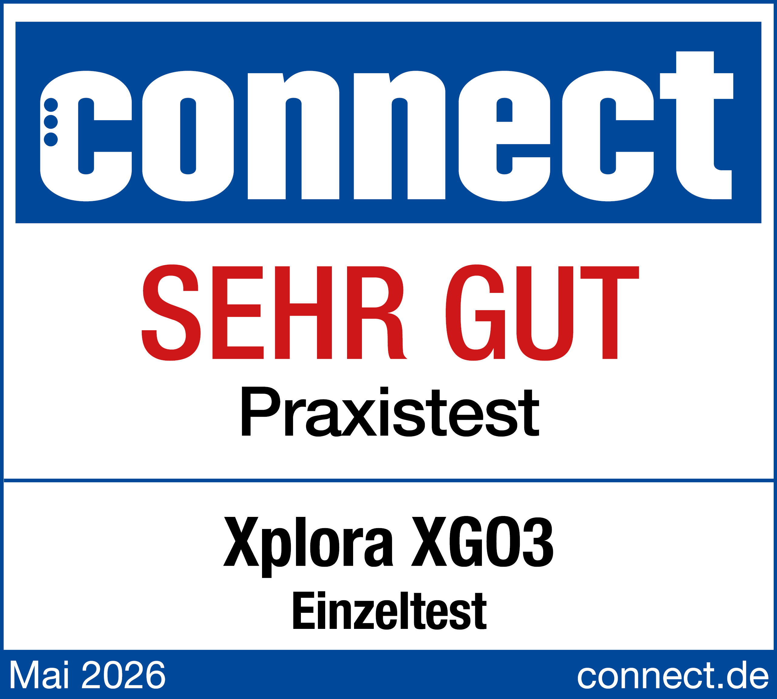 Connect Magazin: SEHR GUT Praxistest für Xplora XGO3, Mai 2026.