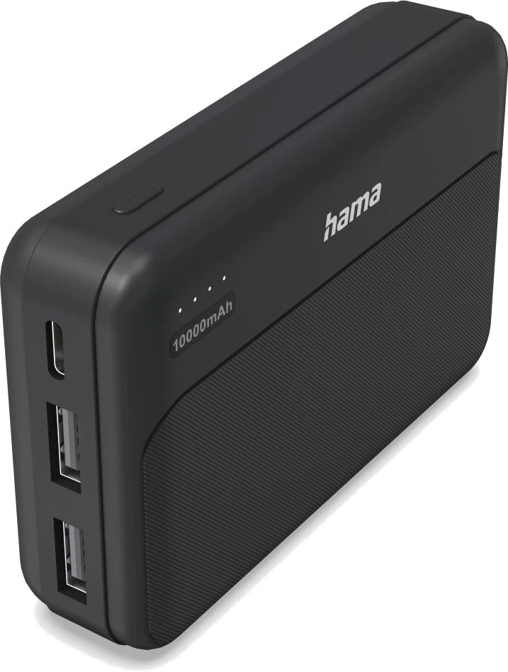 Czarna powerbanka Hama 10000 mAh, z dwoma portami USB i jednym portem USB-C.