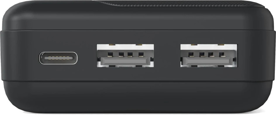 Czarna powerbank z jednym portem USB-C i dwoma USB-A.
