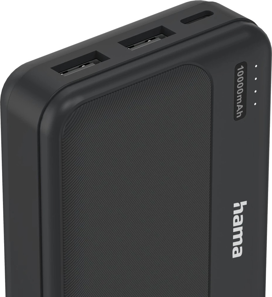 Czarna powerbanka Hama 10000mAh z dwoma portami USB.