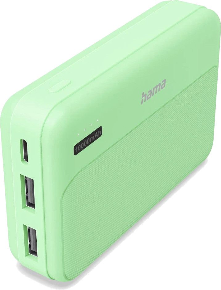 Jasnozielony power bank Hama 10000mAh, z dwoma portami USB-A i jednym portem USB-C.