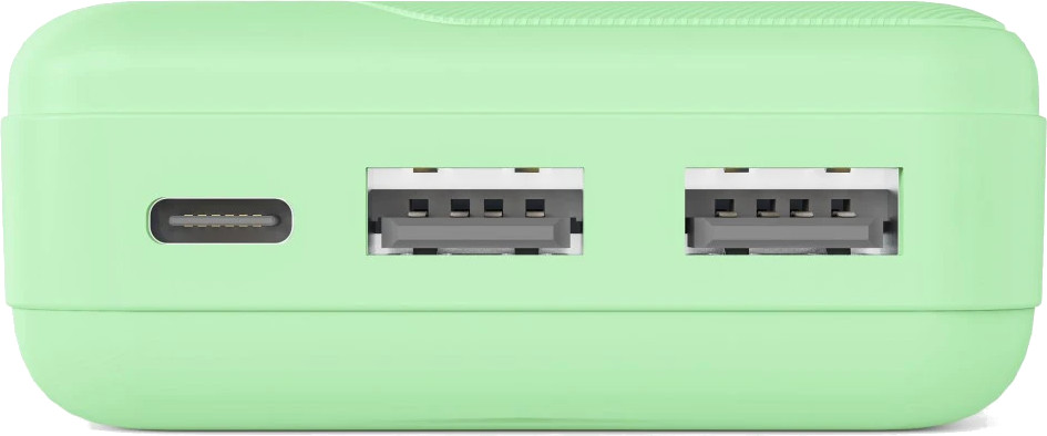 Jasnozielony powerbank z jednym portem USB-C i dwoma USB-A.