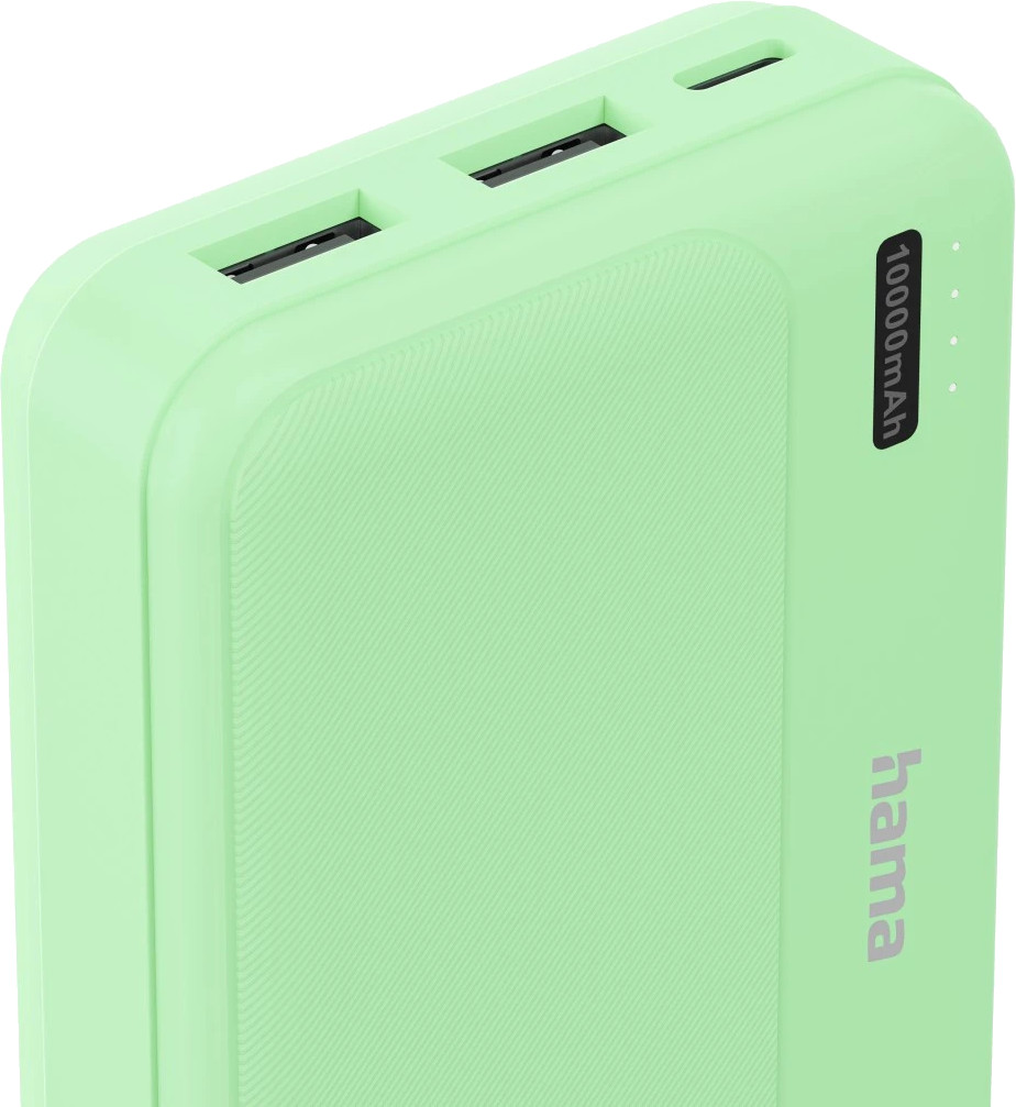 Jasnozielony power bank Hama z 2 portami USB i wskaźnikiem naładowania.