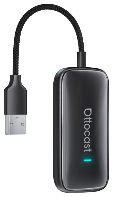 Czarny klucz sprzętowy Ottocast z kablem USB i niebieskim światłem.