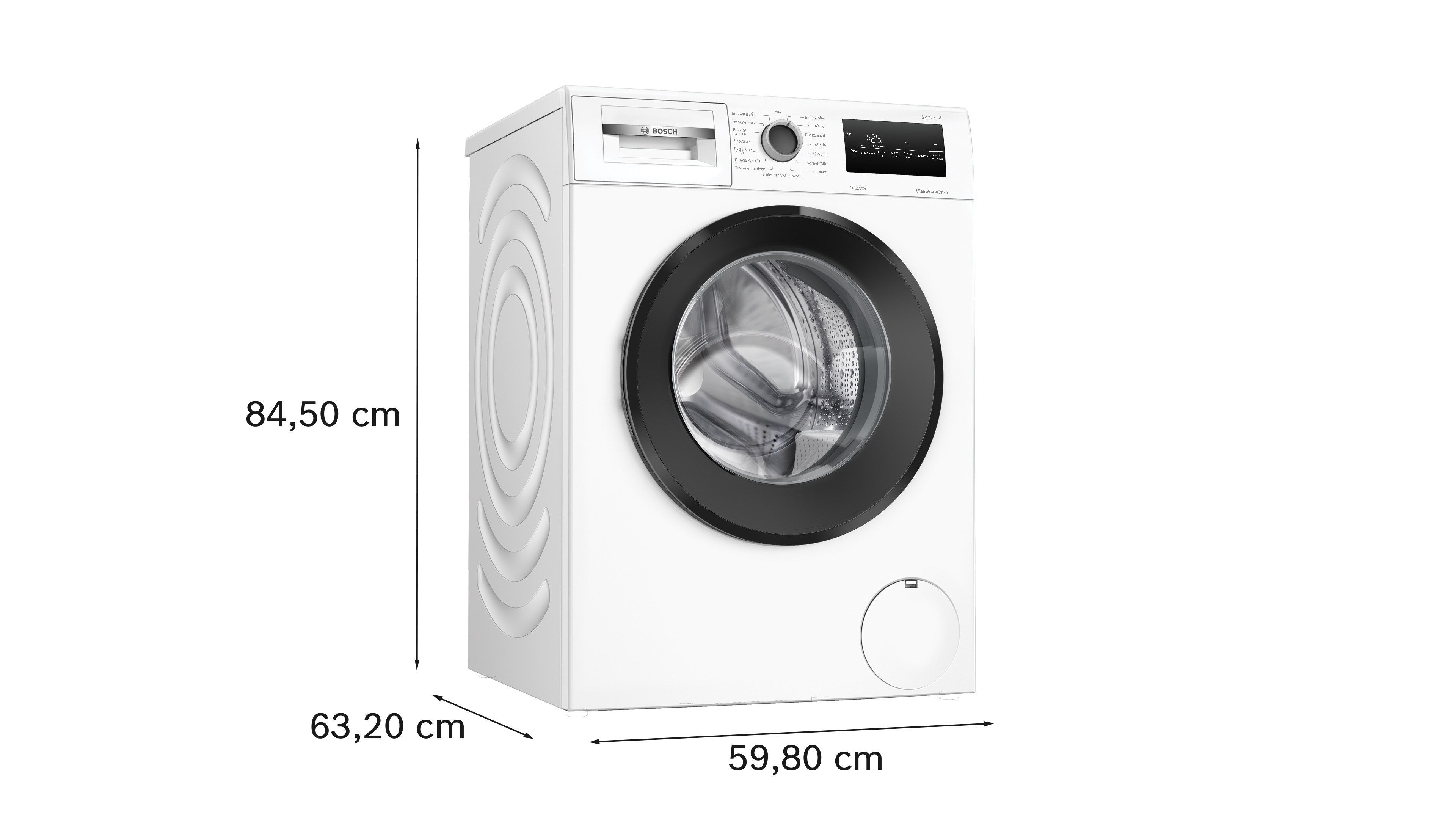 Weiße Bosch Waschmaschine mit schwarzer Tür und digitalen Anzeigen.