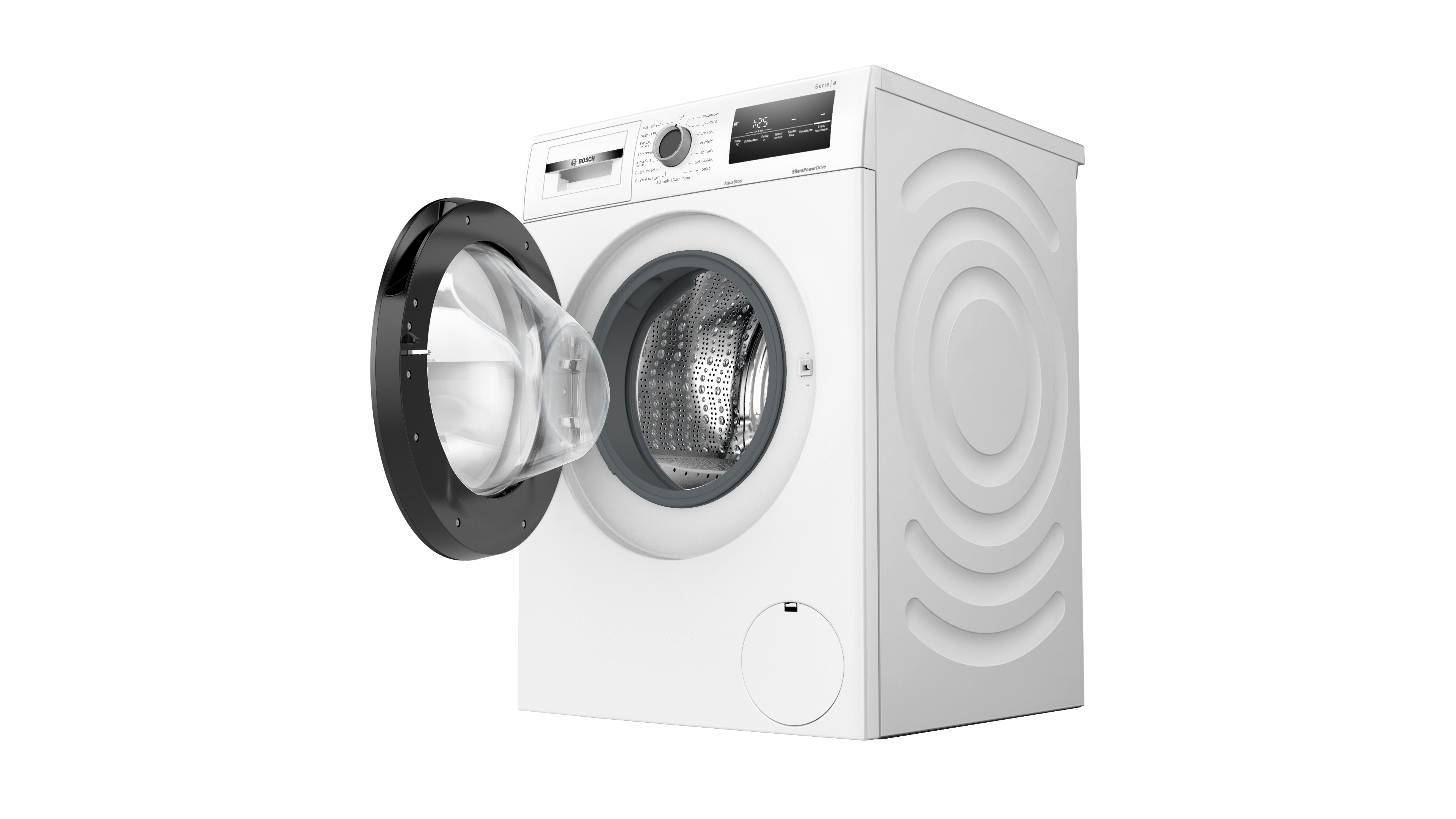 Eine weiße Bosch-Waschmaschine mit offener dunkelgrauer Tür und einer Digitalanzeige, die "1:25" auf weißem Hintergrund anzeigt.