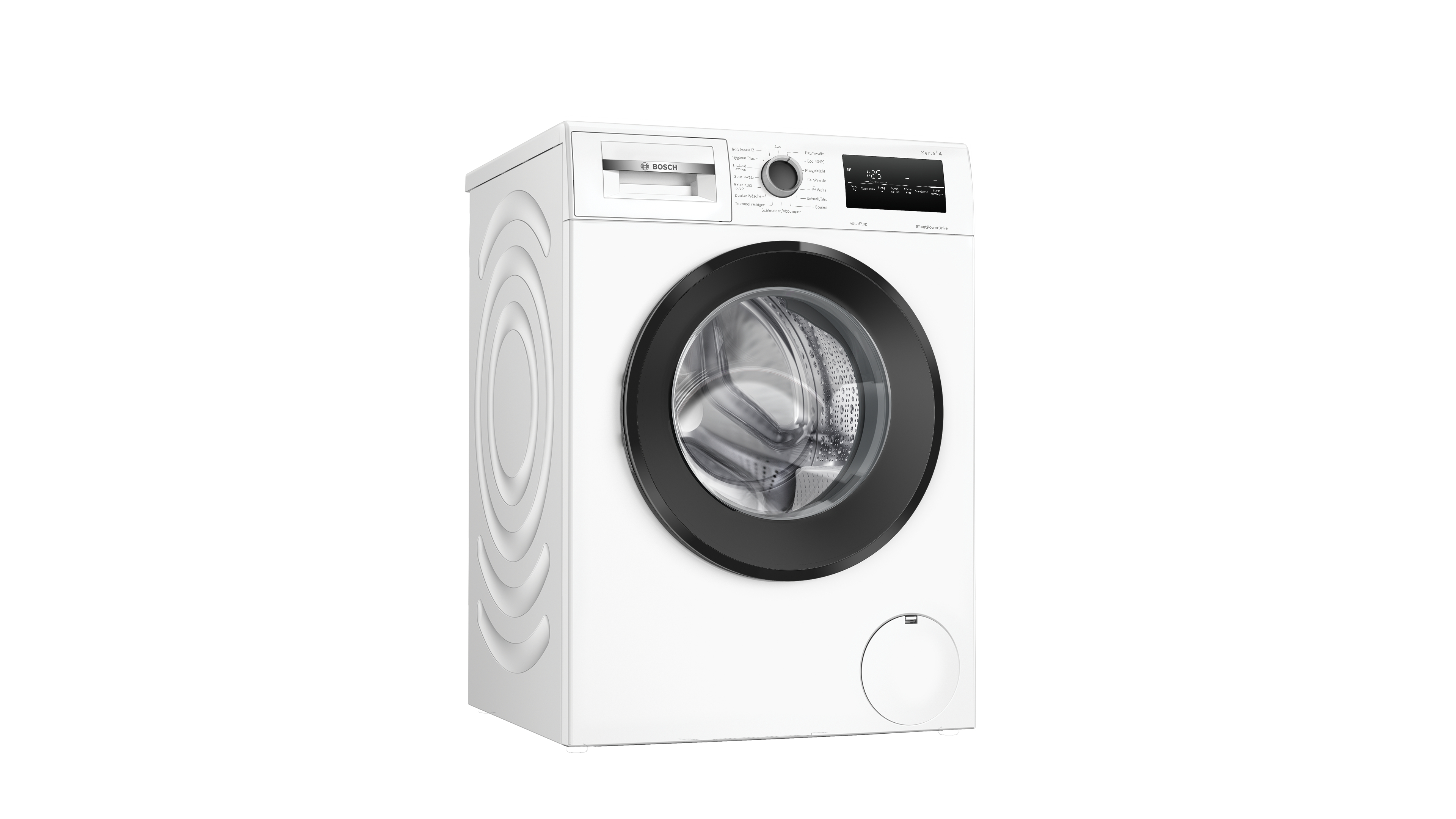 Eine weiße Bosch-Waschmaschine mit schwarzer Tür und digitalem Display.