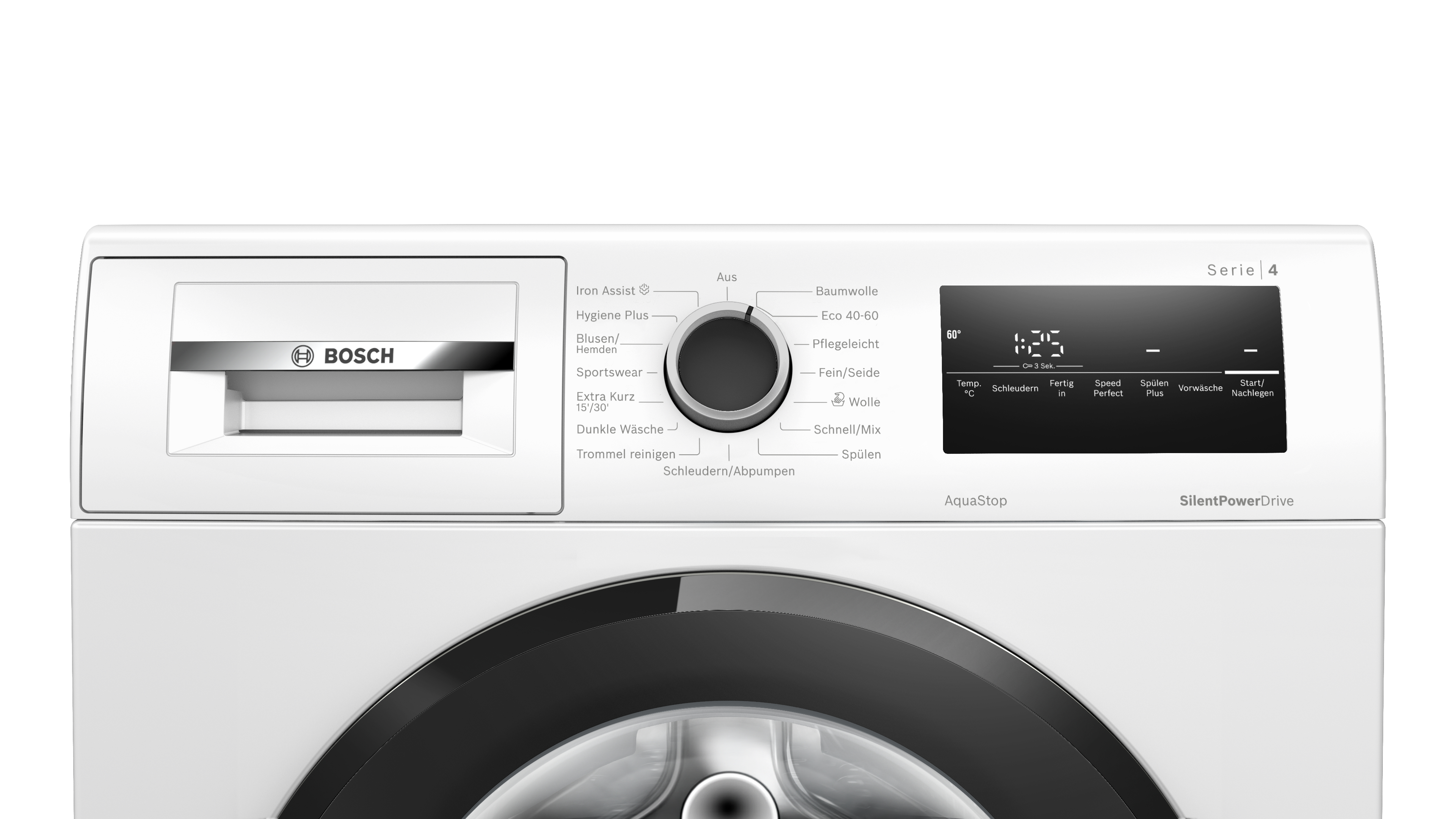 Eine weiße Bosch Waschmaschine Serie 4 mit Display und Drehknopf.