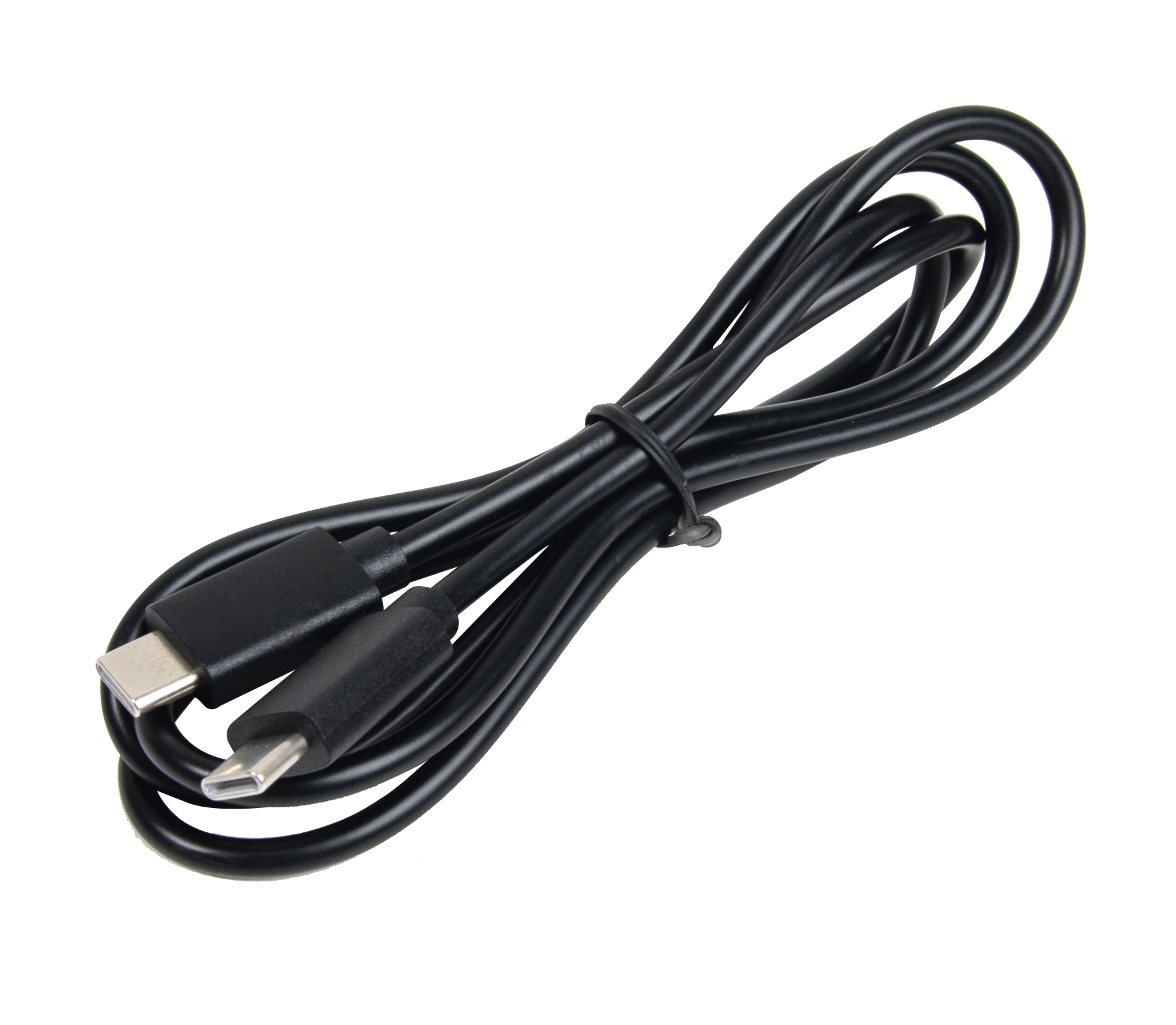 Schwarzes USB-C-Kabel mit zwei Anschlüssen auf schwarzem Hintergrund.