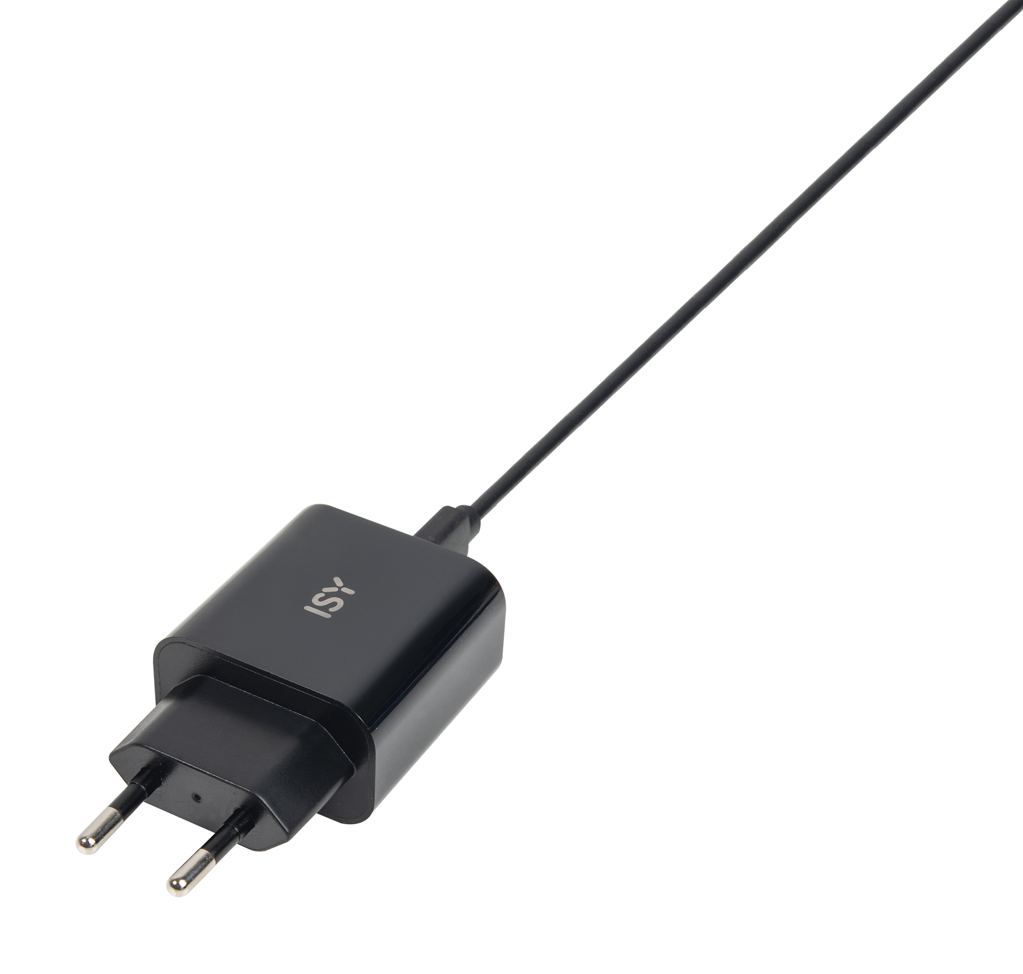 Ein schwarzes ISY Ladegerät mit Kabel und Stecker.