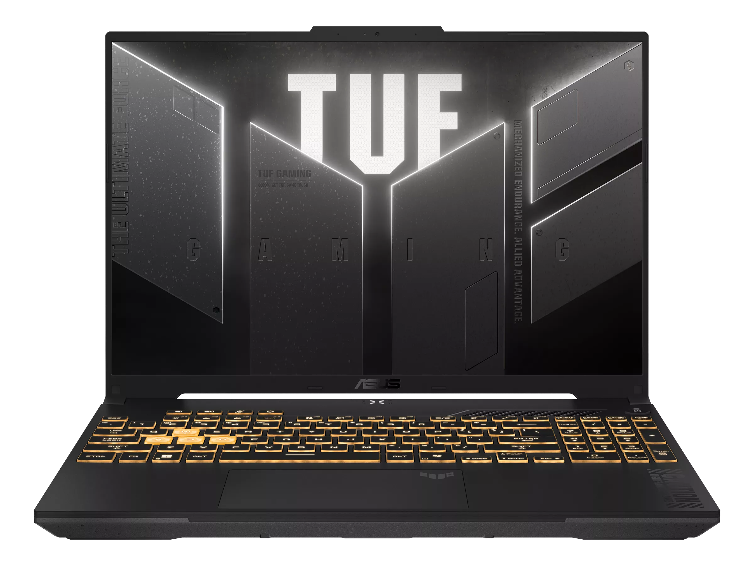 Czarny laptop z podświetlaną klawiaturą i logo TUF na ekranie.