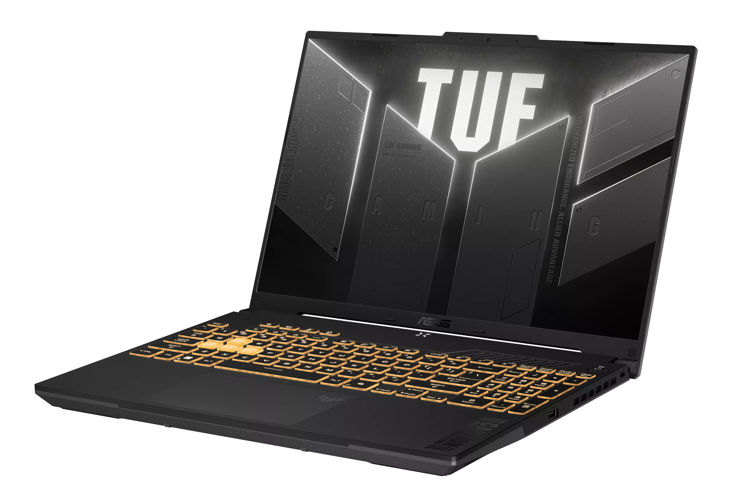 Czarny laptop z podświetlaną żółtą klawiaturą i logo TUF.