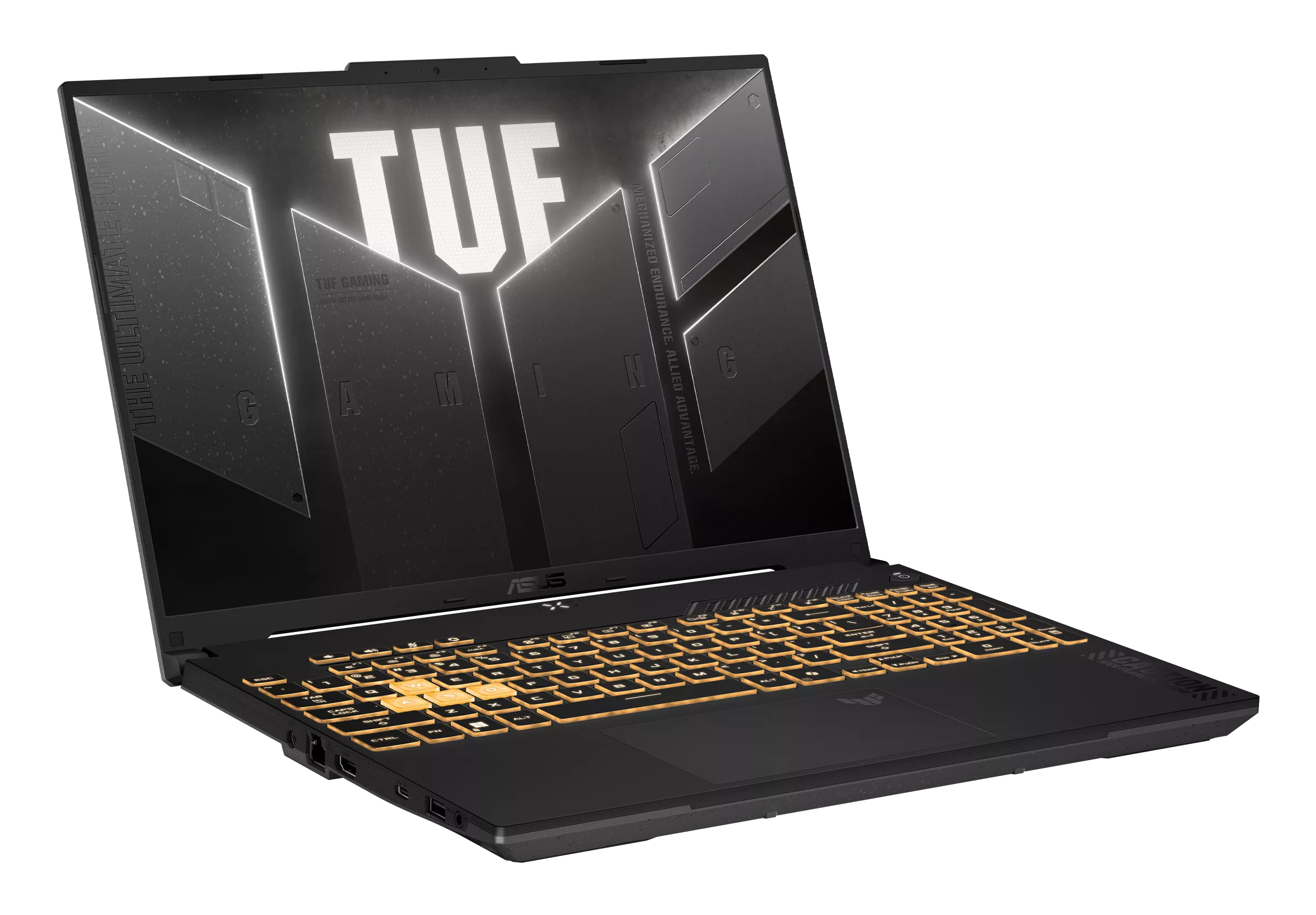 Czarny laptop z podświetlaną żółtą klawiaturą i logo TUF Gaming na ekranie.