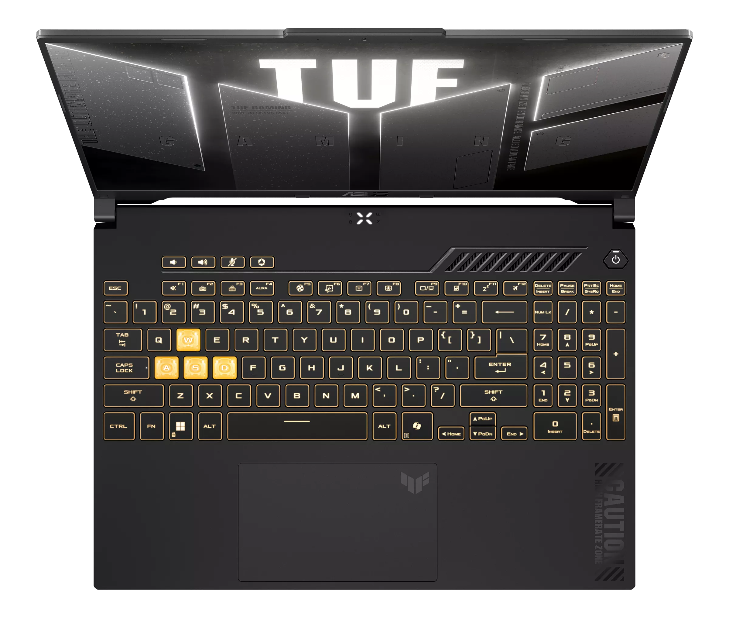 Otwarty laptop z podświetlaną klawiaturą i logo TUF na ekranie.