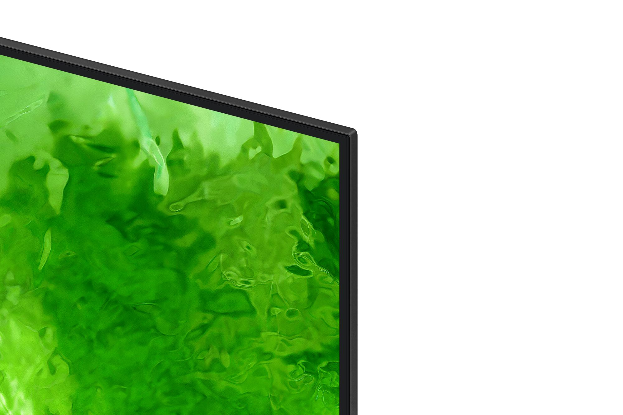 Esquina de una pantalla de TV con un patrón abstracto verde.