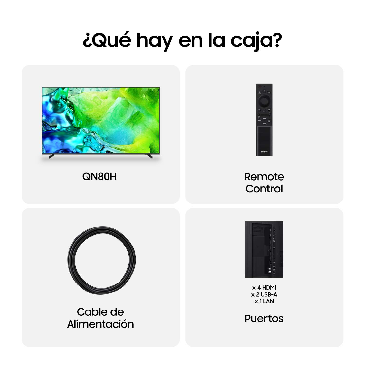 Contenido de la caja: TV QN80H, mando, cable de alimentación, puertos.