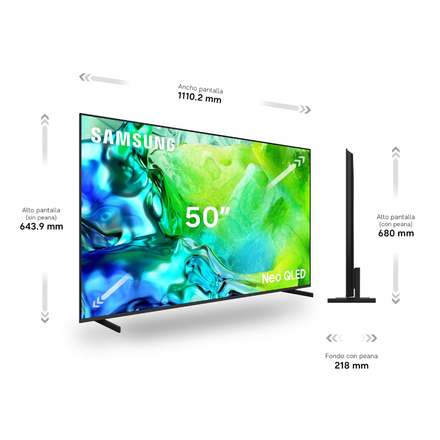 Un televisor Samsung Neo QLED de 50 pulgadas con medidas.