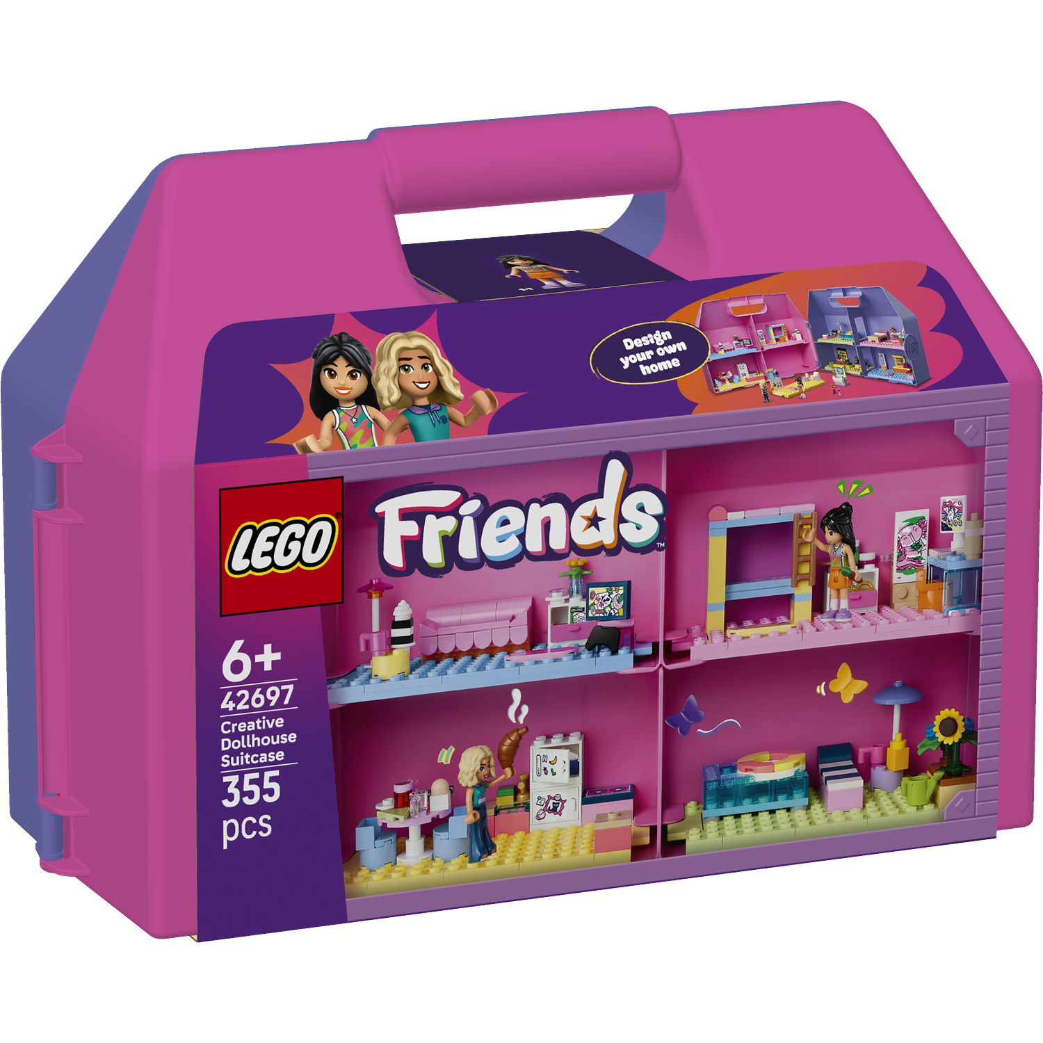Een Lego Friends poppenhuis in een koffer met figuren en meubels.