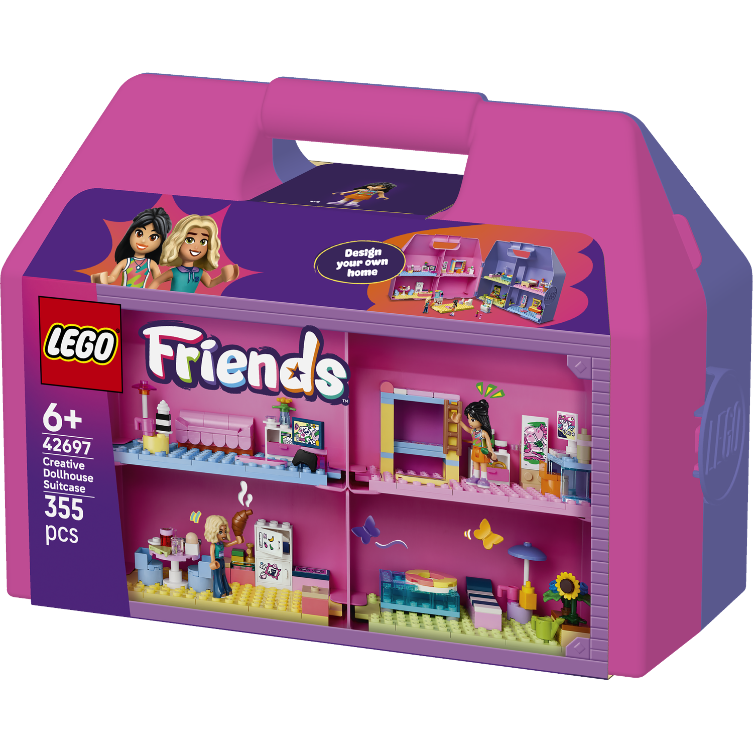 Een roze en paarse LEGO Friends Creative Dollhouse koffer met twee minipoppetjes, meubels en accessoires.