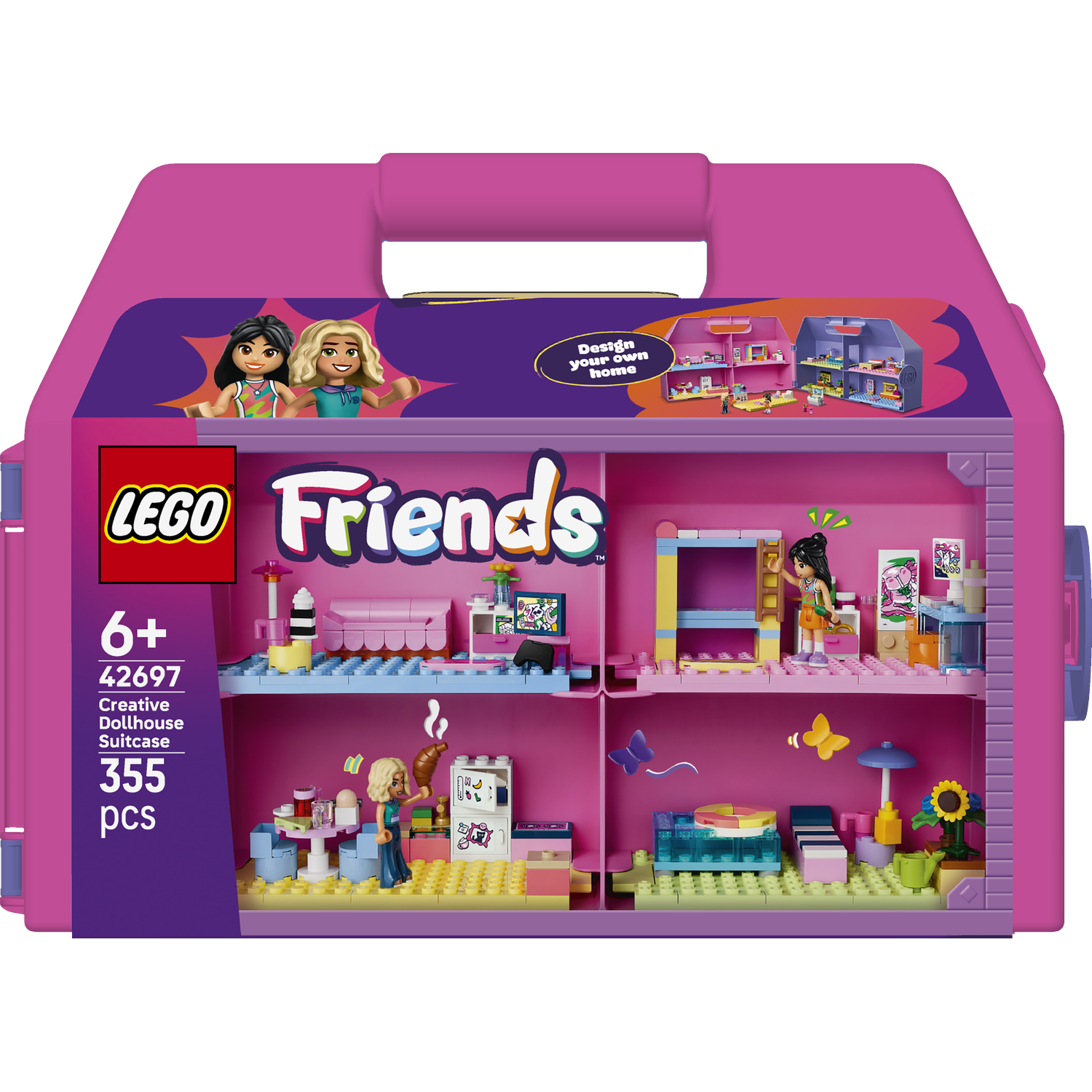 Een roze LEGO Friends poppenhuis koffer met vier kamers, meubels, twee LEGO figuren en productinformatie.