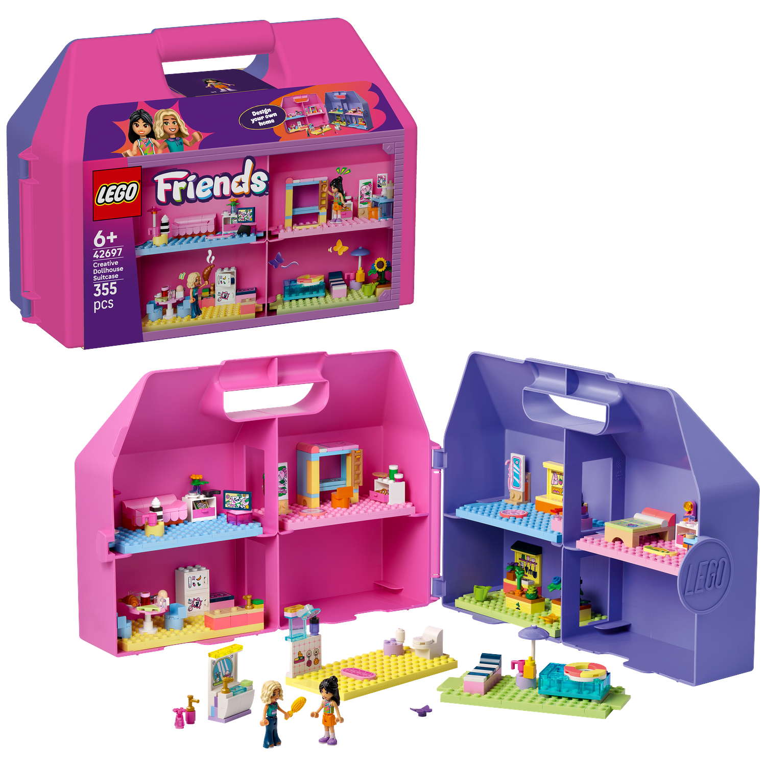 Een roze en paarse LEGO Friends Creative Dollhouse Koffer met twee minifiguren en verschillende kamerindelingen.