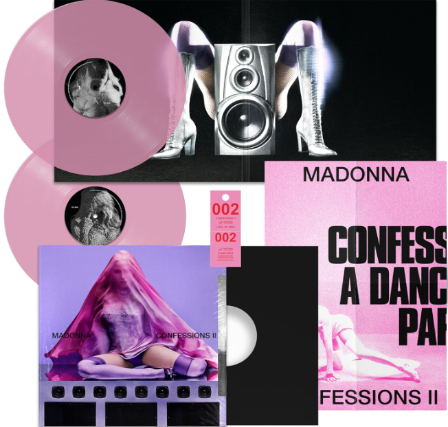 Madonnas Confessions II Albumcover zeigt rosa Vinyls, eine Frau mit lila Schleier und Madonna auf einem rosa Plakat.