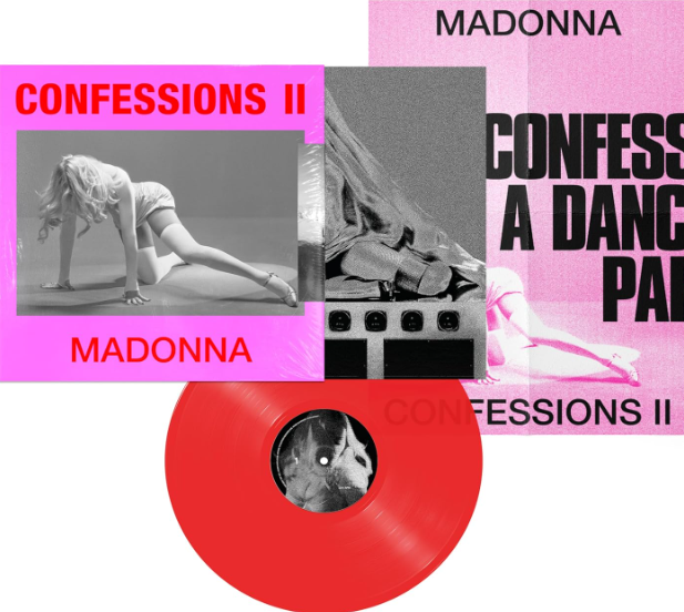 Madonna 'Confessions II' Albumcover, mit Vinyl-Schallplatte in Rot.