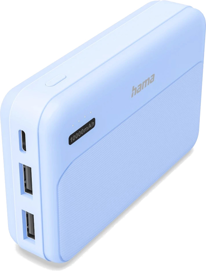 Powerbank Hama 10000mAh, niebieski, z portami USB i przyciskiem.